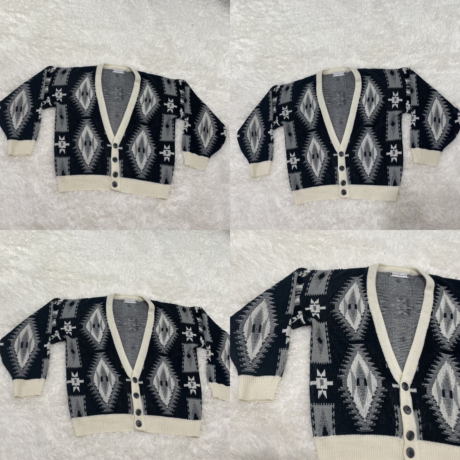 Saturdays NYC SATURDAYS Cardigan Sweater Geometric Black White Vintage 90s S Mens V-Neck Knit Crew Deck Casual Party/Cocktail Travel All Seasons Size US S / EU 44-46 / 1 - 11 Thumbnail