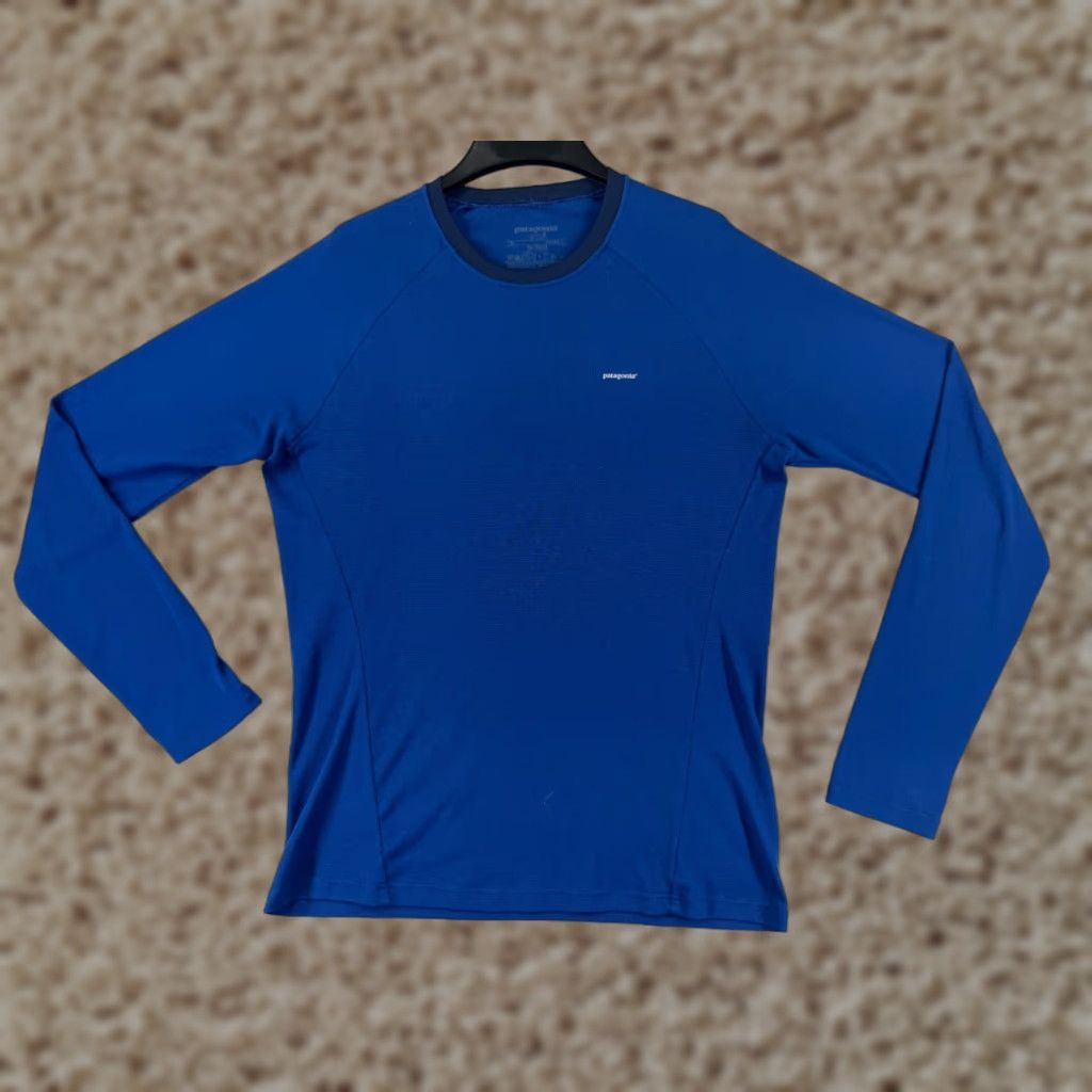 Patagonia Shirt Men Medium Blue Long Sleeve Crew Neck Polyester Waffle Knit Logo All Seasons USA Men’s M