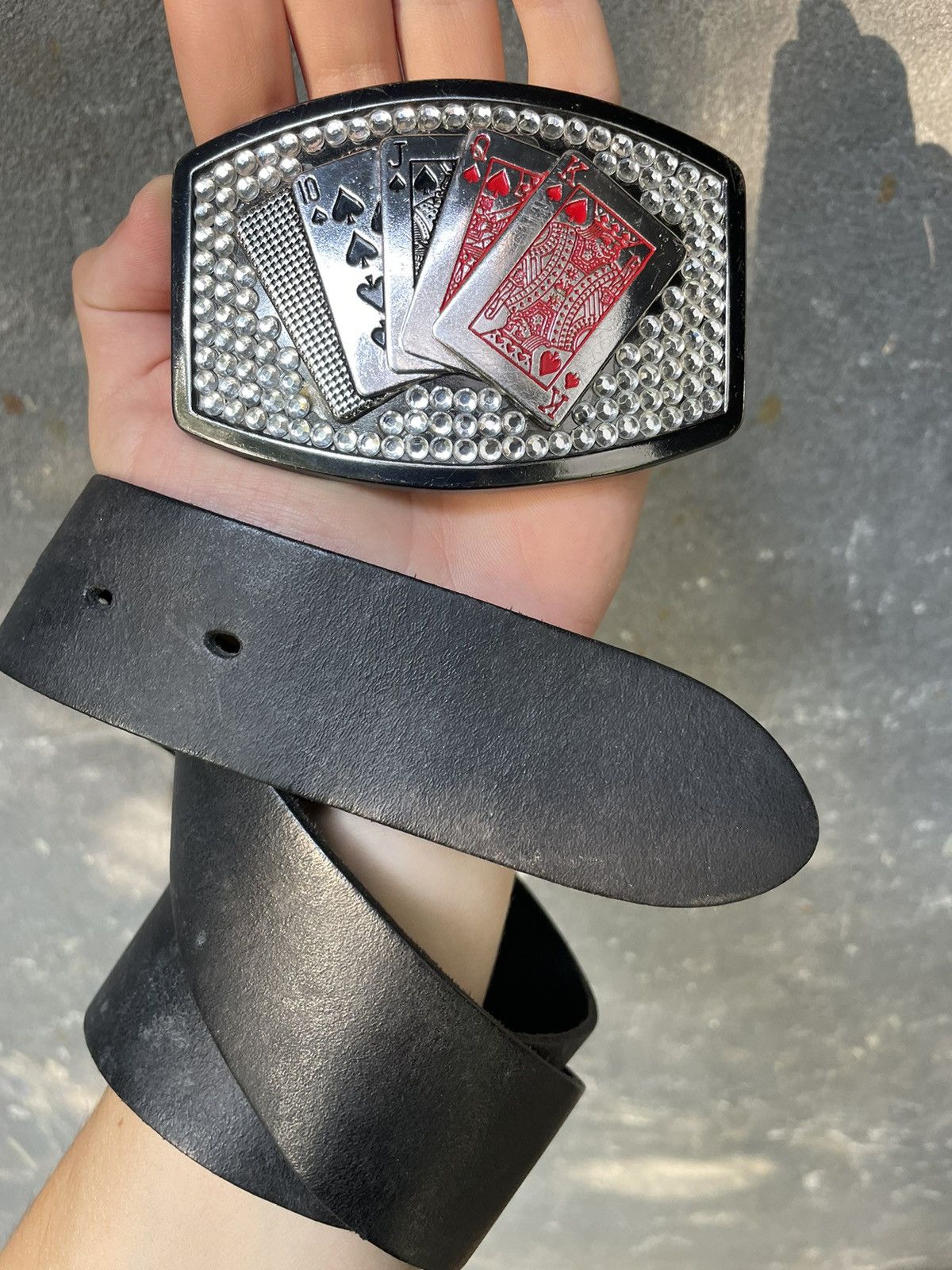 Leather × Vintage Vintage Poker Card Leather Belt Metal 90s Y2K Size 30 - 1 Thumbnail