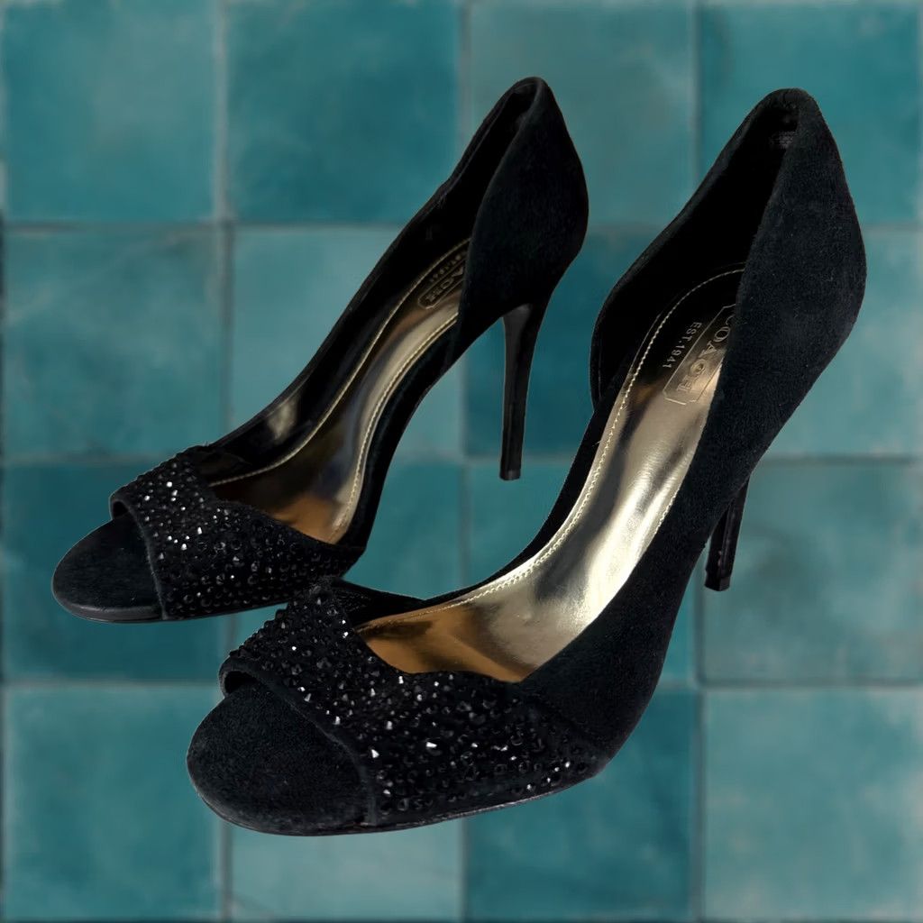 Coach VINTAGE Coach Black Suede Rhinestone Peep Toe Pumps d'Orsay Stiletto Heels Womens 6B Size US 6 / IT 36 - 1 Thumbnail