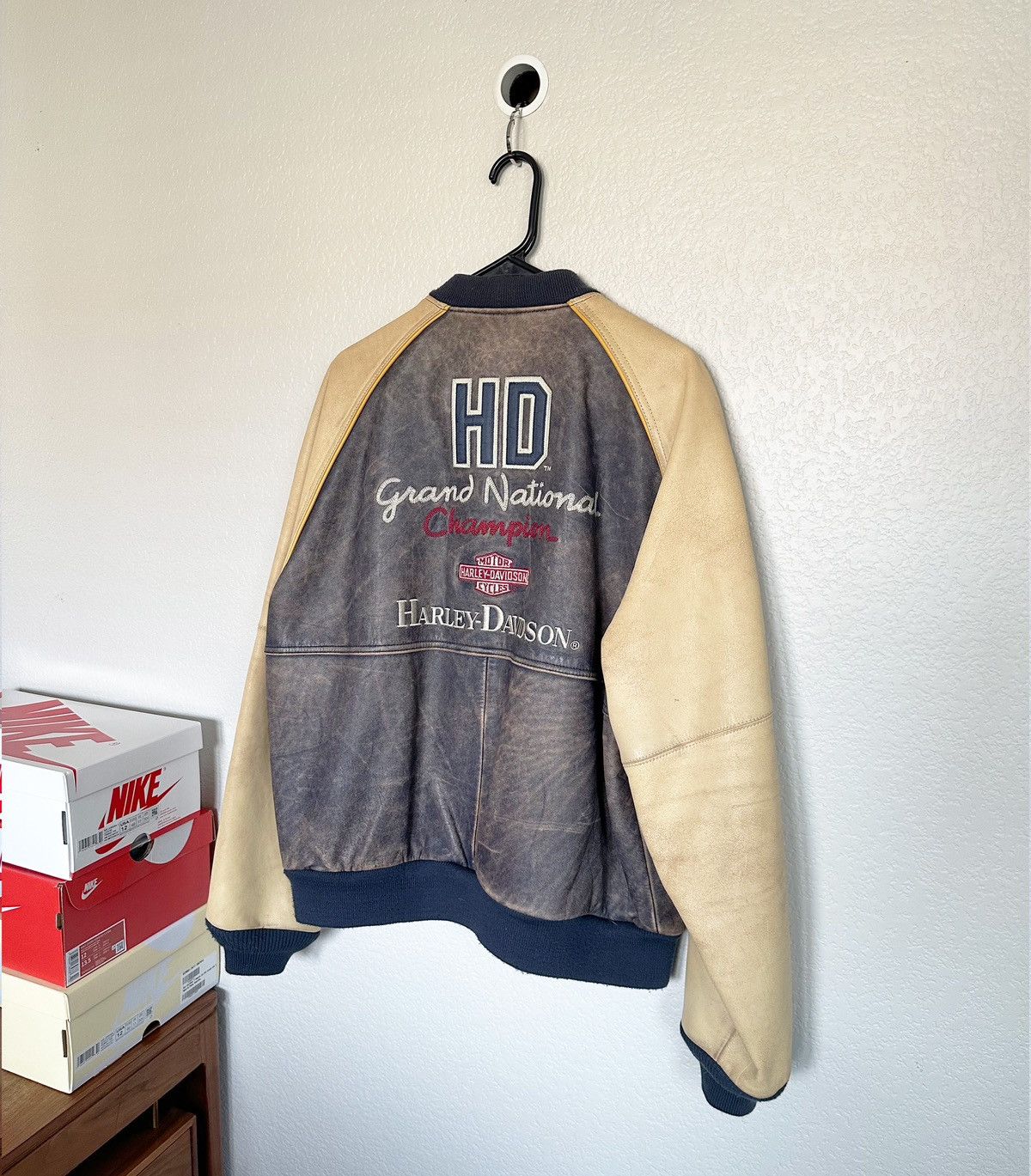 image of 90’S Vintage Harley Davidson Baseball Letterman Jacket in Blue, Men's (Size XL)