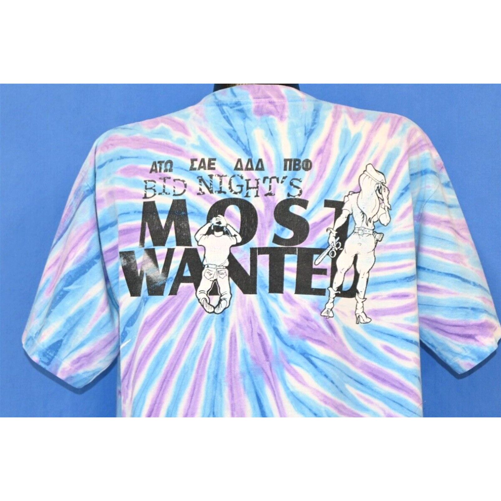 image of Vintage 90's Bid Nights Most Wanted Social Fraternity Sorority Tie Dye T-Shirt XL in White, Men's