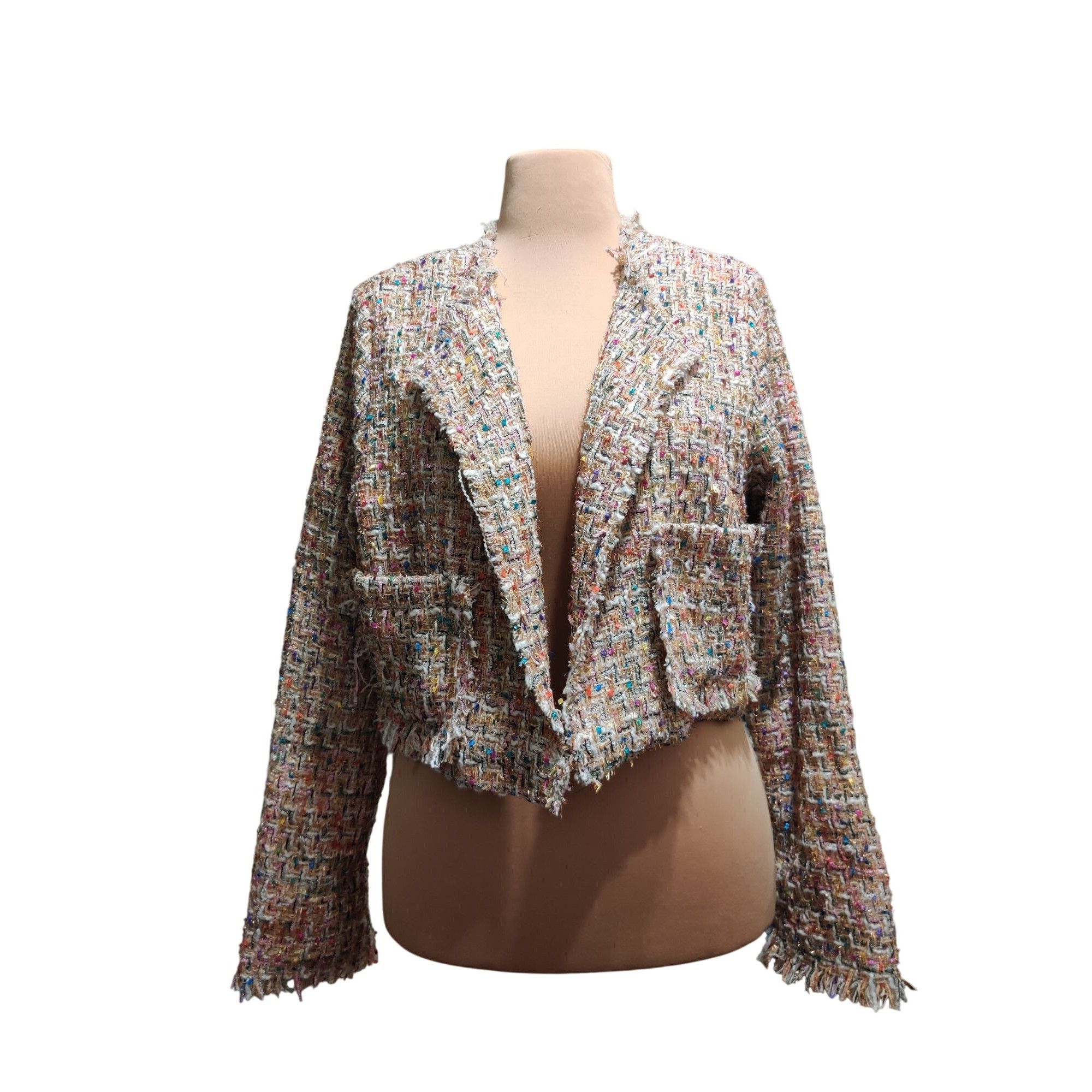 Fashion Nova Fashion Nova 1XL Womens Cropped Tweed Jacket Multicolor Text Size XL / US 12-14 / IT 48-50 - 19 Thumbnail