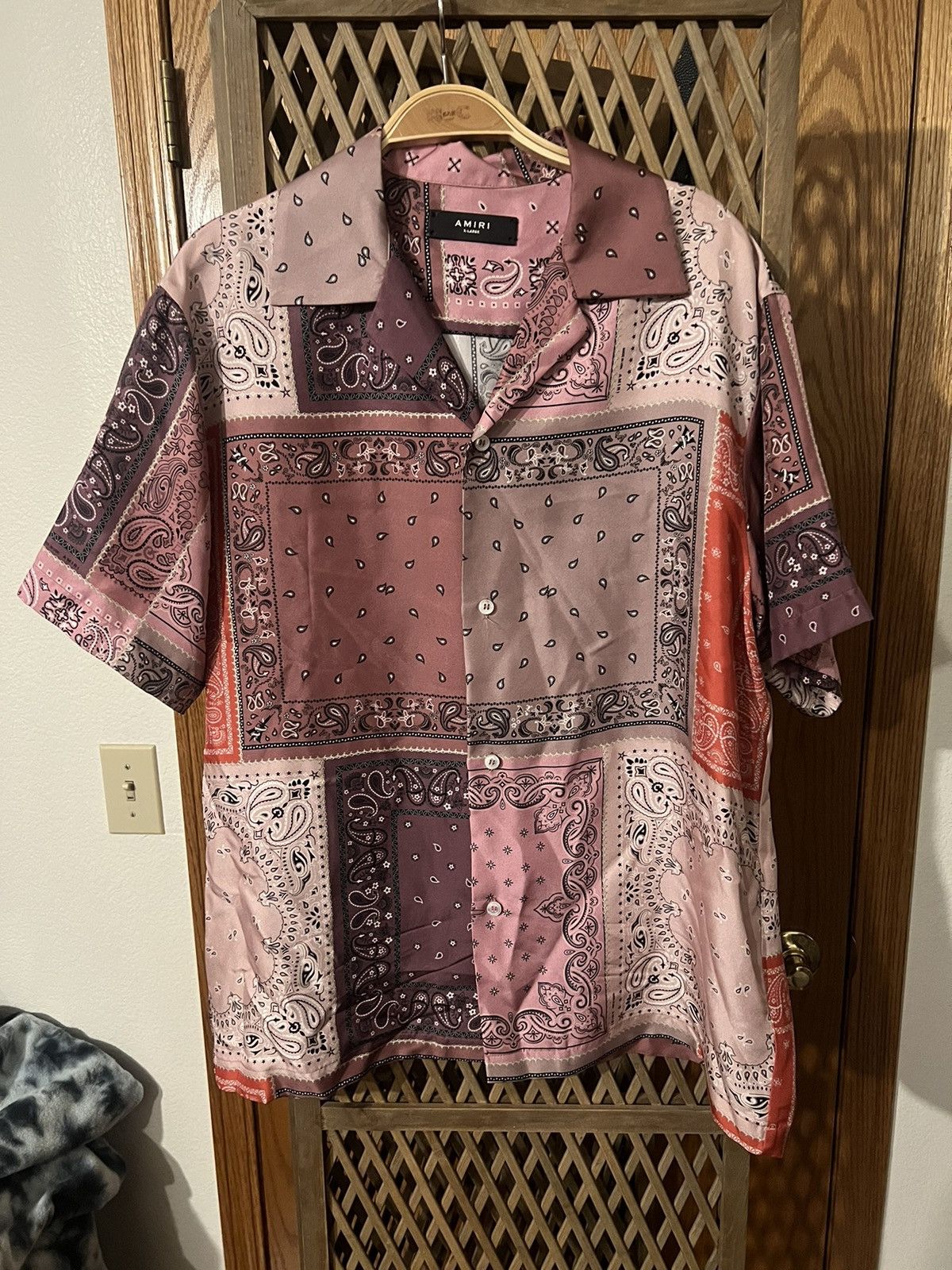 image of Amiri Silk Patchwork Bandana Shirt in Pink, Men's (Size XL)