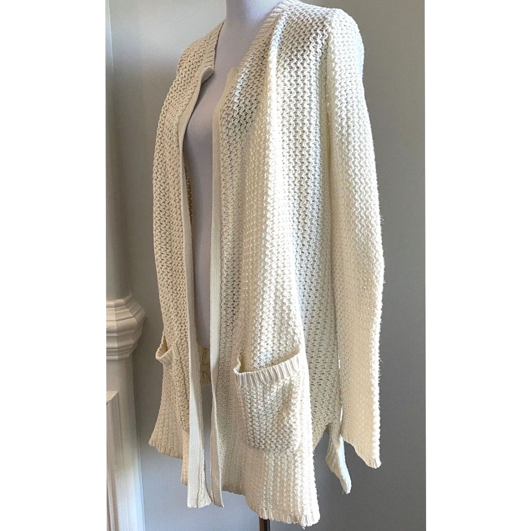 Lucky Brand Lucky Brand Cardigan Sweater Cream Chunky Knit Open Front Longline Pockets Sz M Womens Jacket Knit Open Front Cardigan Cream Ivory Size M / US 6-8 / IT 42-44 - 4 Thumbnail