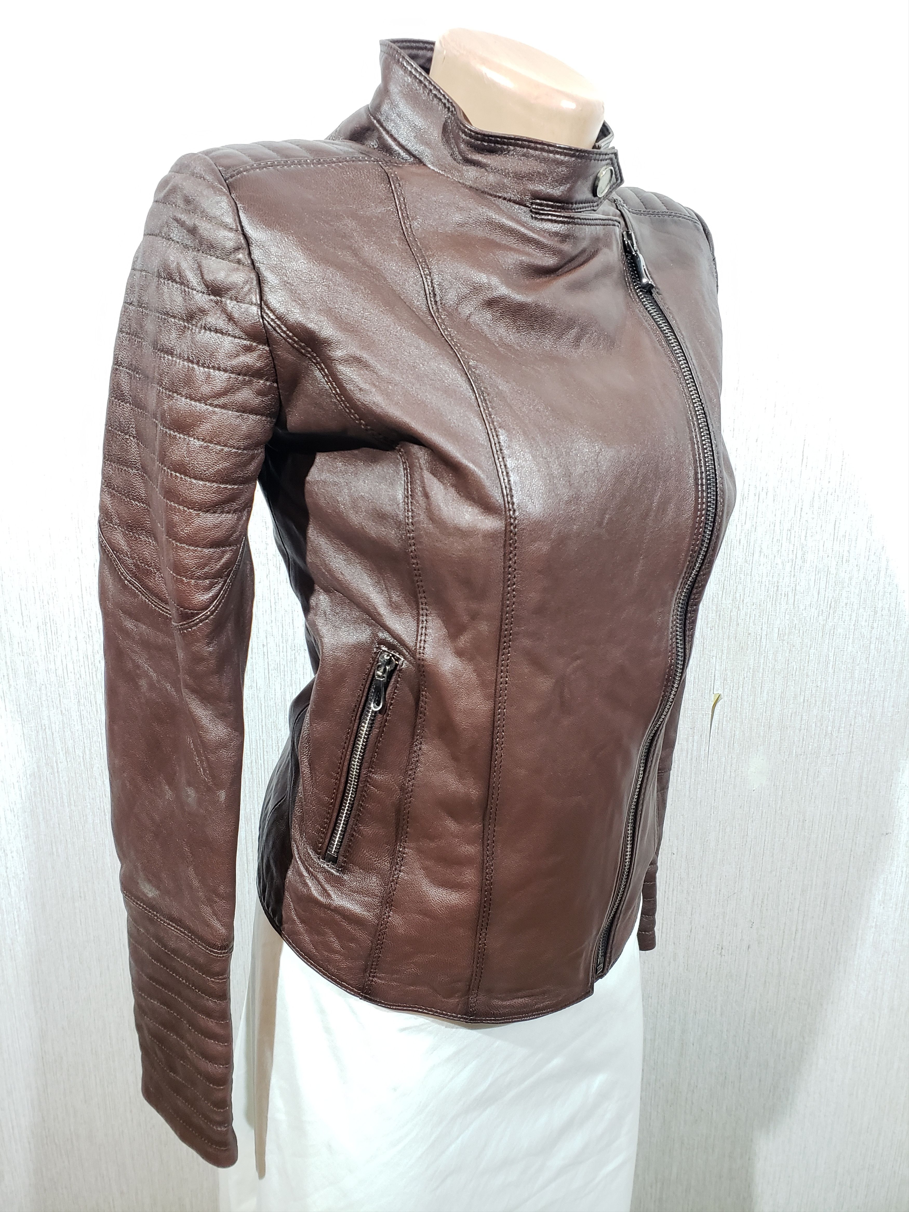 Designer Women's leather jacket made of genuine brown leather. Size S / US 4 / IT 40 - 2 Thumbnail
