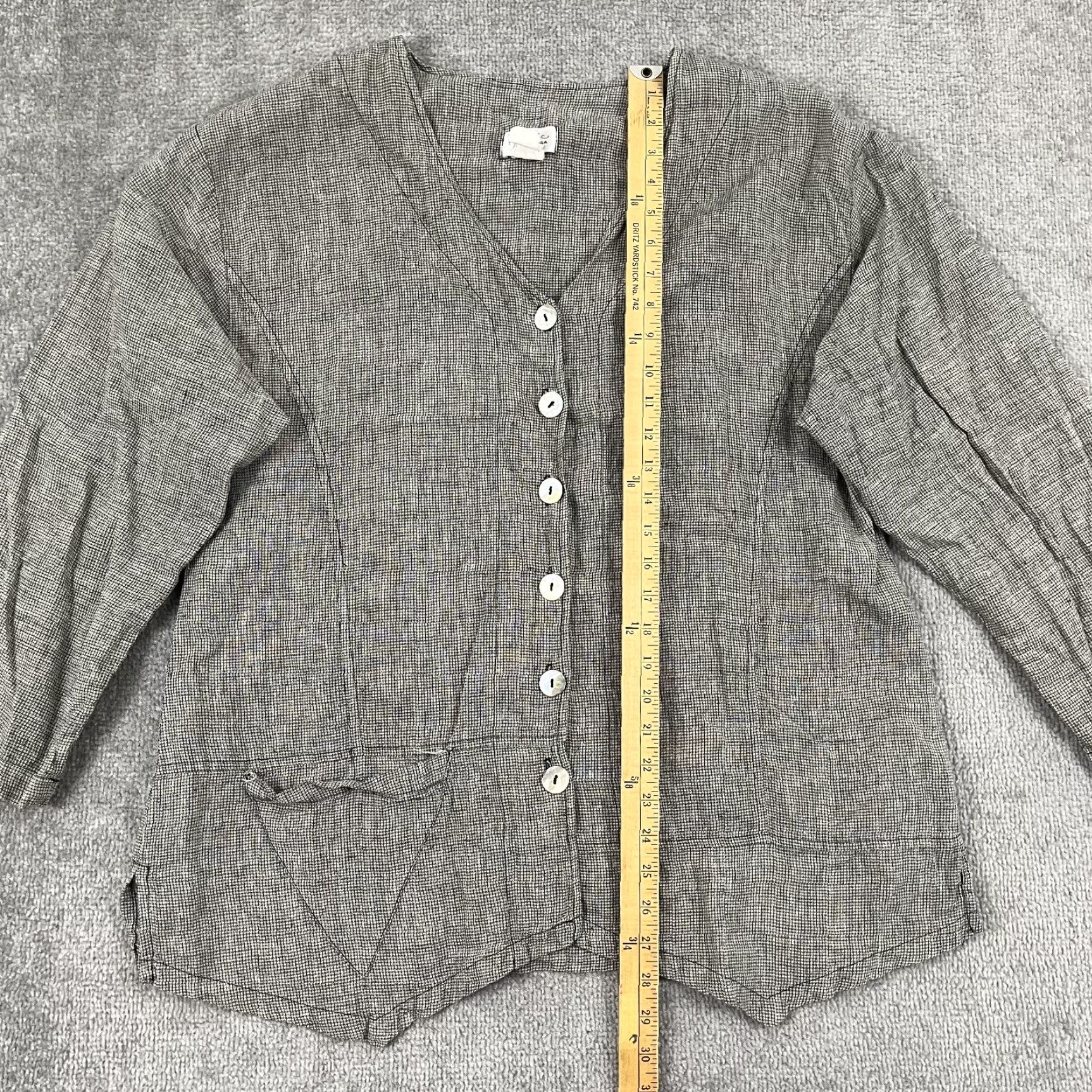 Vintage Mosaic Button Up Shirt Womens Large Gray Linen Lagenlook Asymmetric MOP Button Size L / US 10 / IT 46 - 3 Thumbnail