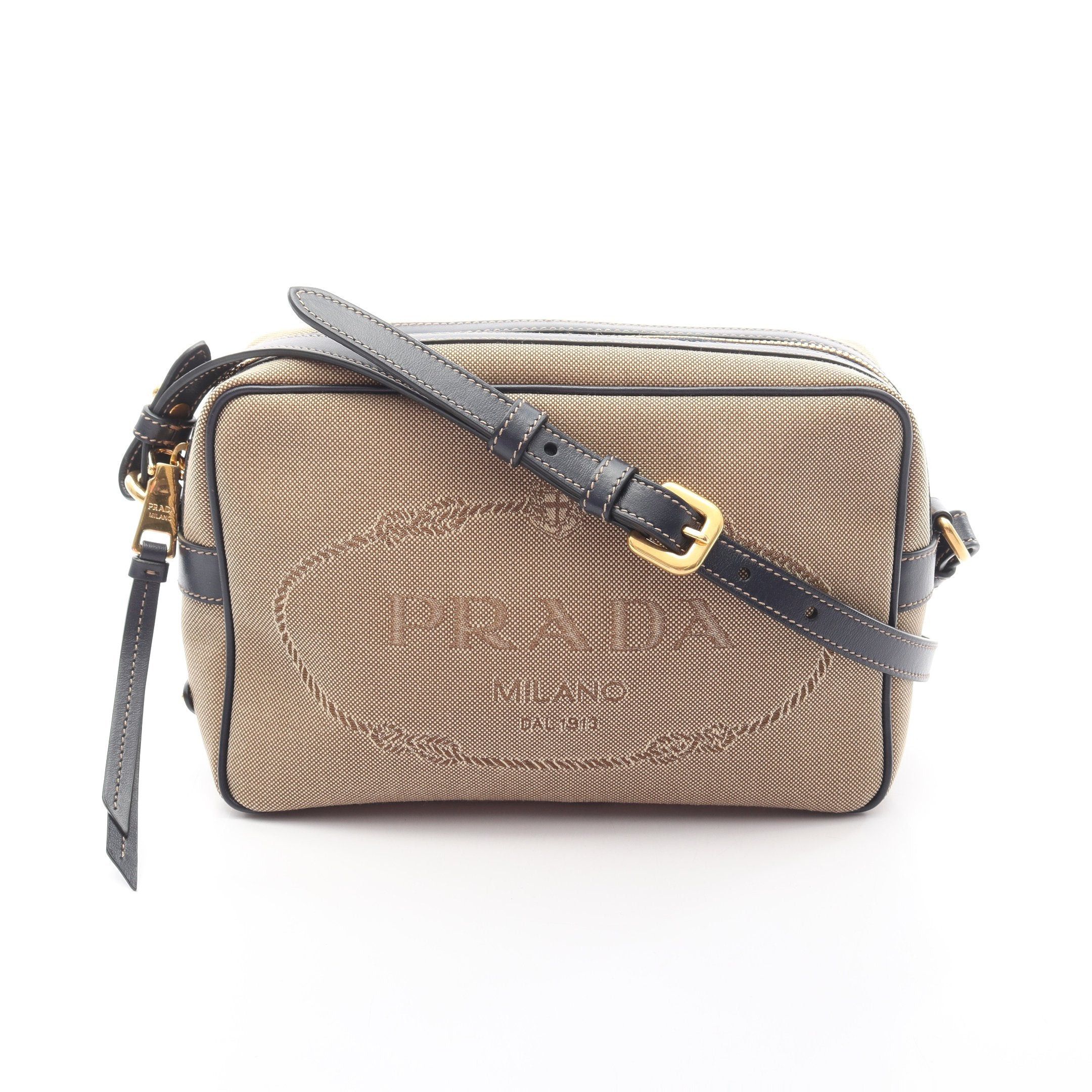 Prada Logo Jacquard Shoulder Bag Canvas Leather Beige Navy in Blue, Women's