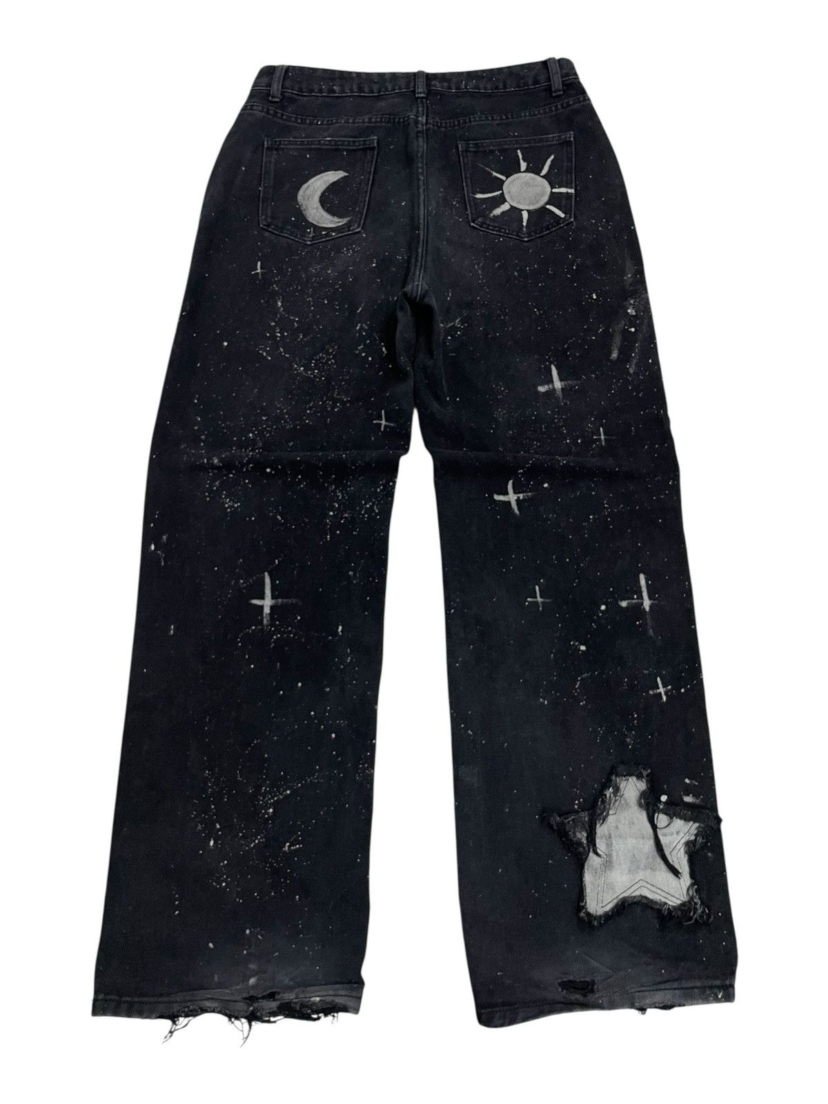 Japanese Brand Wide Distressed Denim Y2K Star Moon Painting Custom Paint Size US 31 - 2 Thumbnail