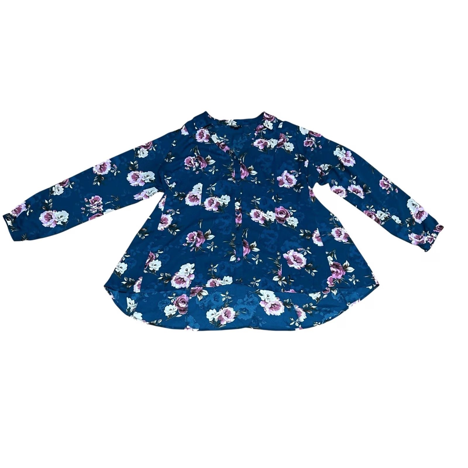 Torrid Torrid Blouse Long Sleeve Floral Fit and Flare Georgette Shirt Women's Sz 1 Blue Pattern Silk-like Polyester Sighted Vintage No Size XS / US 0-2 / IT 36-38 - 2 Thumbnail