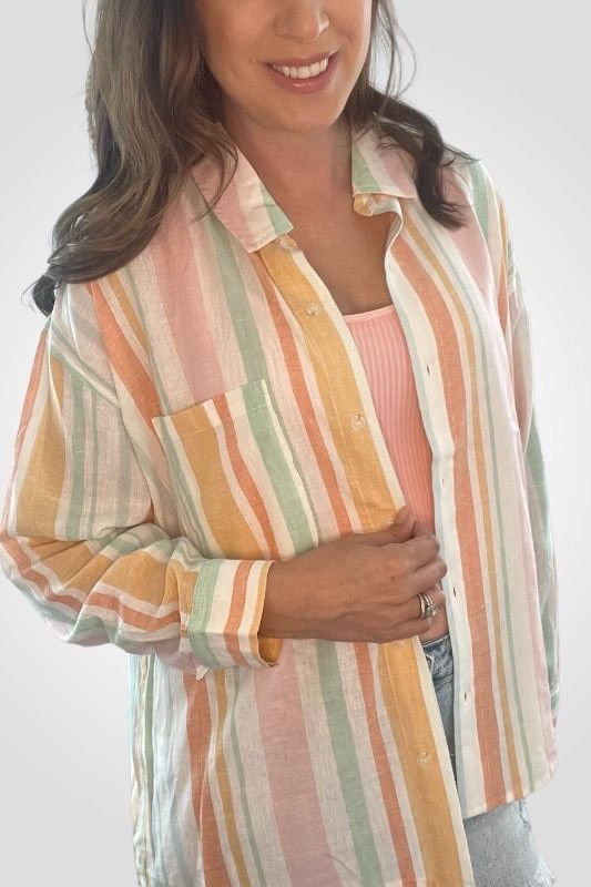 Coldwater Creek Cold water Creek Women Stripe Button Down Linen Shirt Sz L Size L / US 10 / IT 46 - 1 Thumbnail