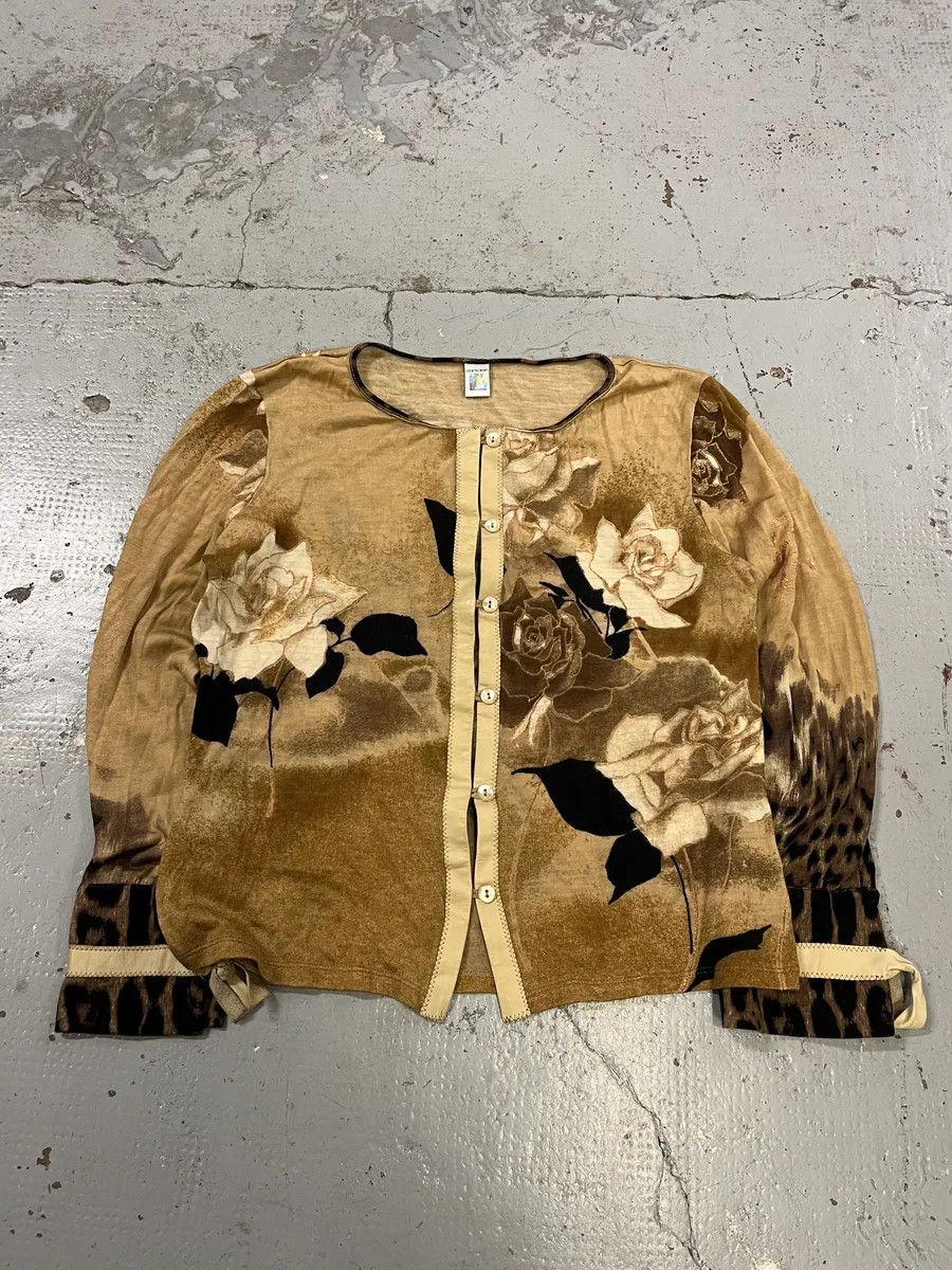 Roberto Cavalli 1990s Roberto Cavalli Rose Leopard Gradient Wool Beige Cardigan Size S / US 4 / IT 40 - 3 Thumbnail