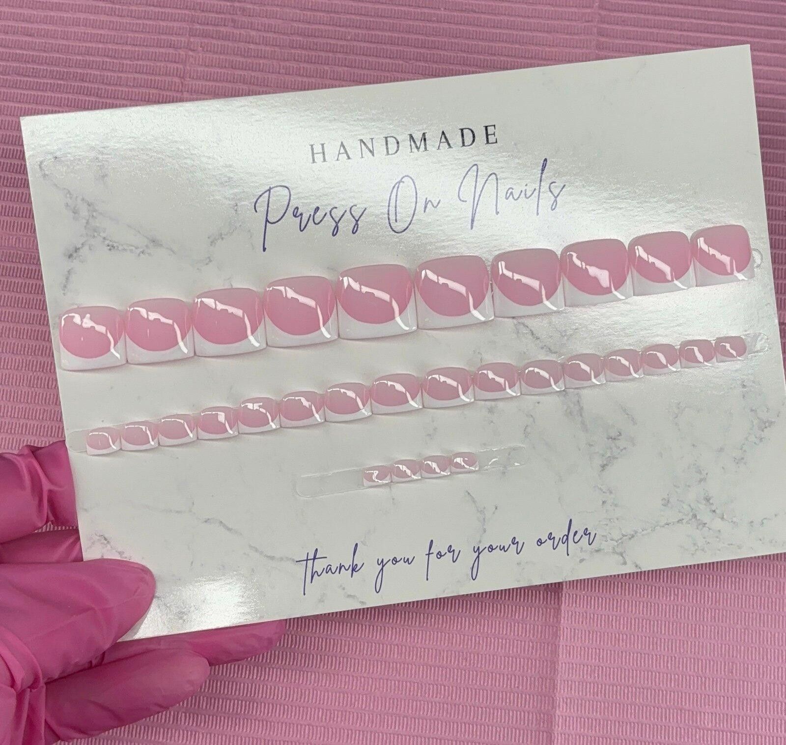 Handmade press on toenails pink nude white French tips handmade gel Size ONE SIZE - 9 Thumbnail