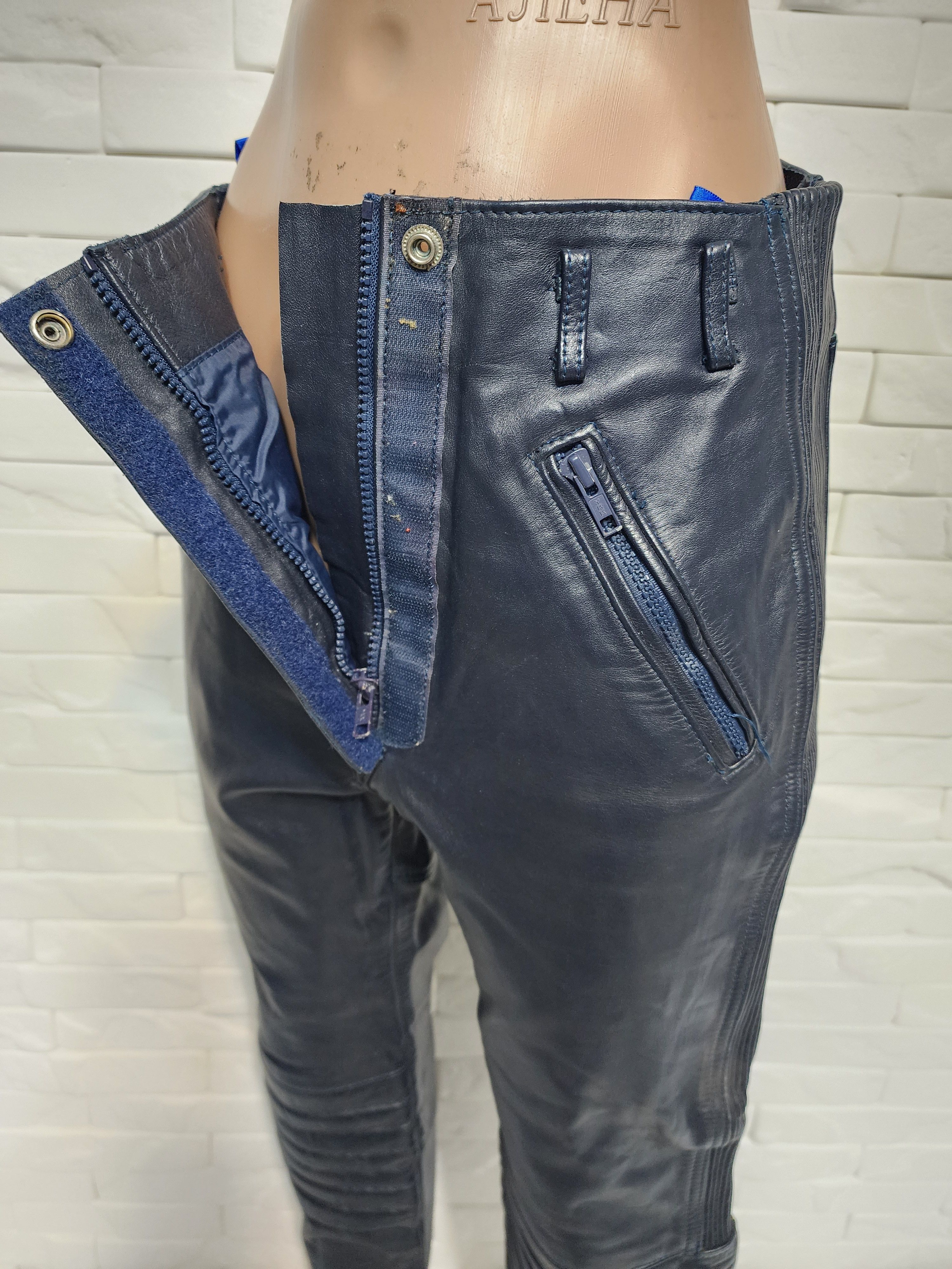 Genuine Leather Blue Leather Biker Pants: Size 29" - 5 Thumbnail