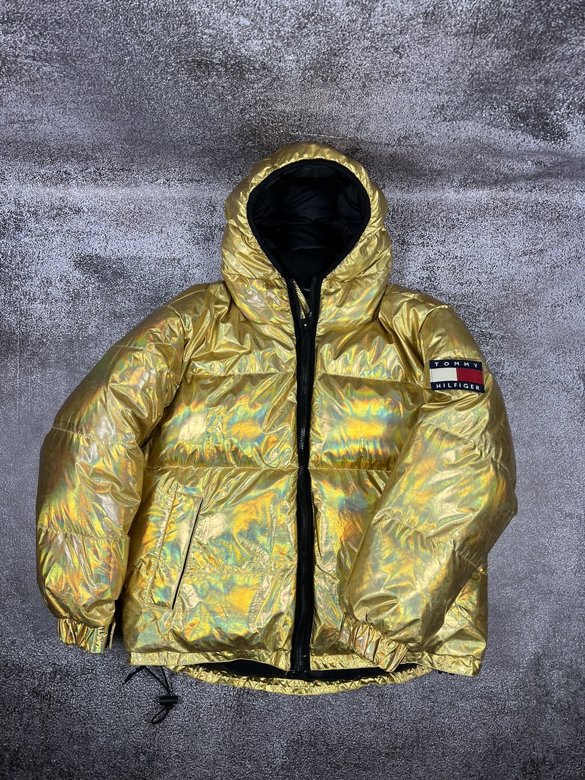 image of Tommy Hilfiger 90's Rainbow Gold Shiny Puffer Jacket Luminous, Men's (Size 2XL)