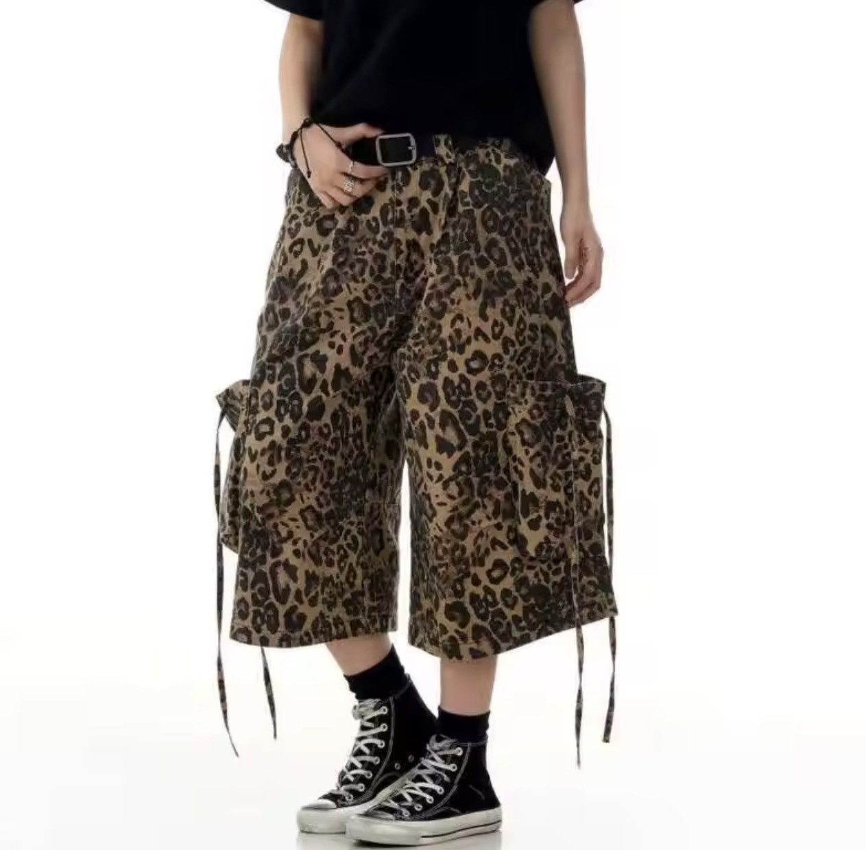 Leopard Print Long Wide Cargo Jorts Baggy Shorts