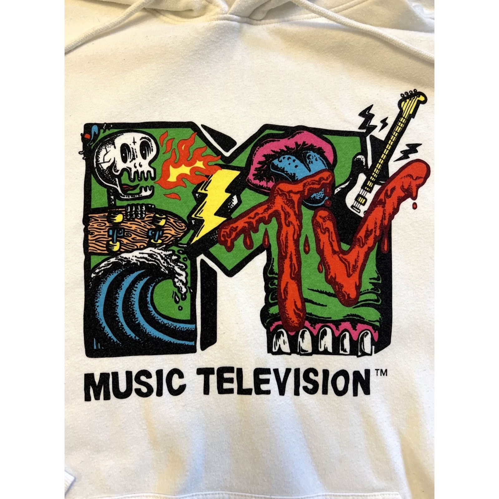 H&M H&M Hoodie Skull Skateboard Wave Guitar Lightning Bolt Logo 80s 90s Graphic Print XL White Mens Pullover Hooded Sweatshirt Size US XL / EU 56 / 4 - 2 Thumbnail