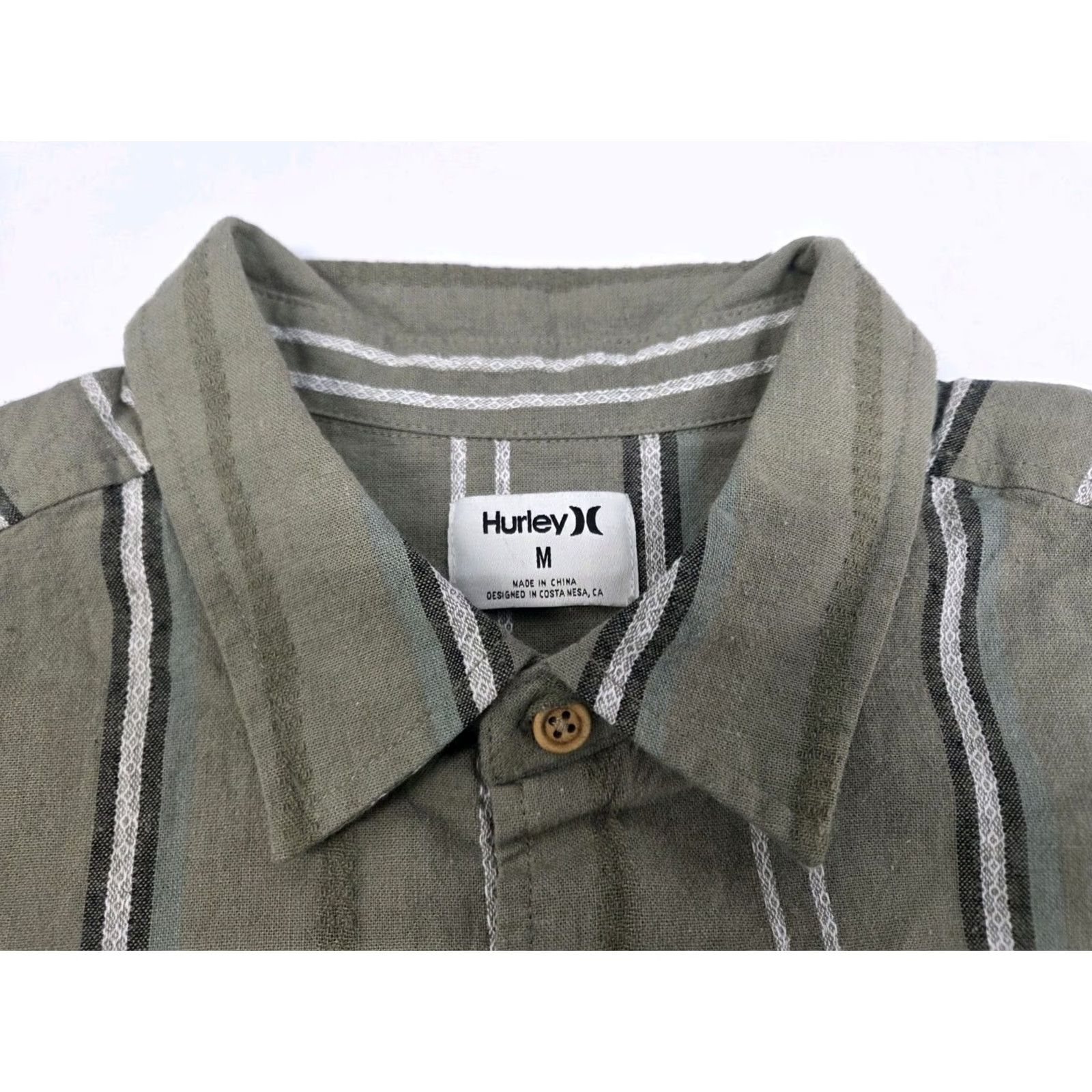 Hurley Hurley Mens Short Sleeve Button Up Green Striped Cotton/Linen Shirt M Size US M / EU 48-50 / 2 - 2 Thumbnail