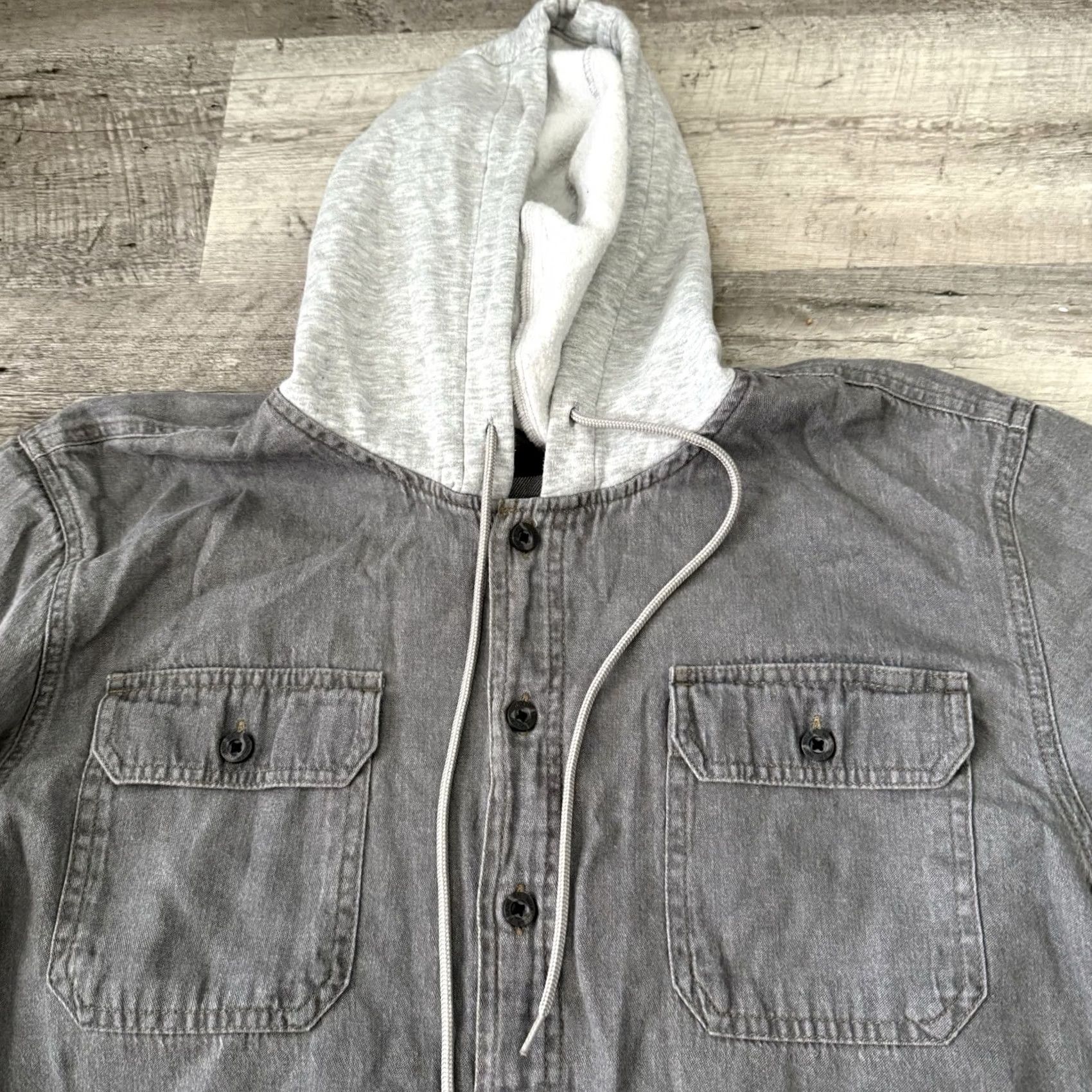 Wrangler Wrangler Hooded Denim Shirt Jacket Mens Large Gray Flannel Lined Button Up Size US L / EU 52-54 / 3 - 3 Thumbnail