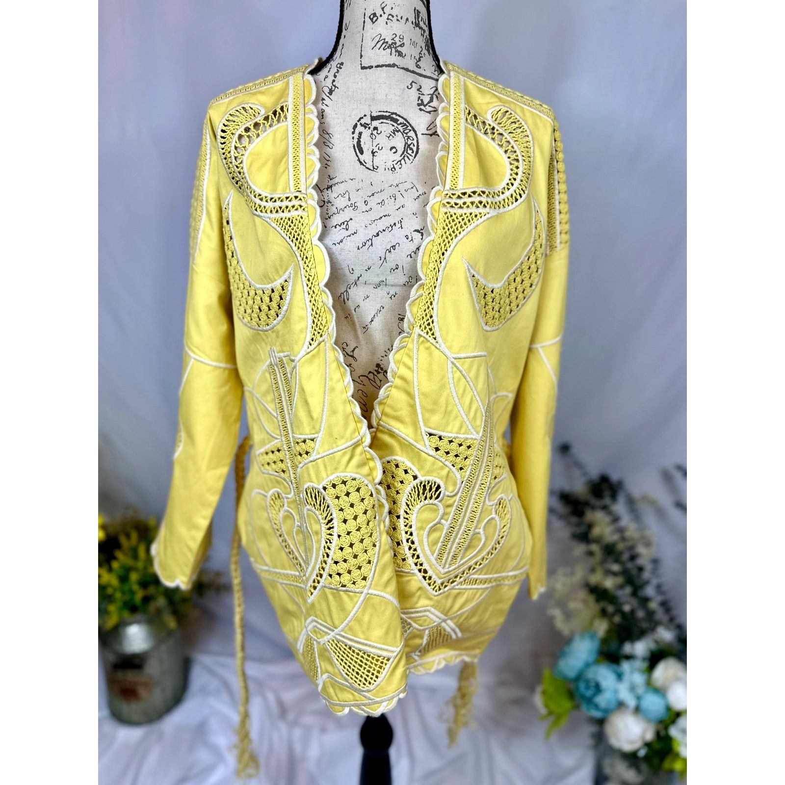 Maje Maje Crochet-Panel Cotton Jacket Belt Yellow size 40 (L) Size L / US 10 / IT 46 - 6 Thumbnail