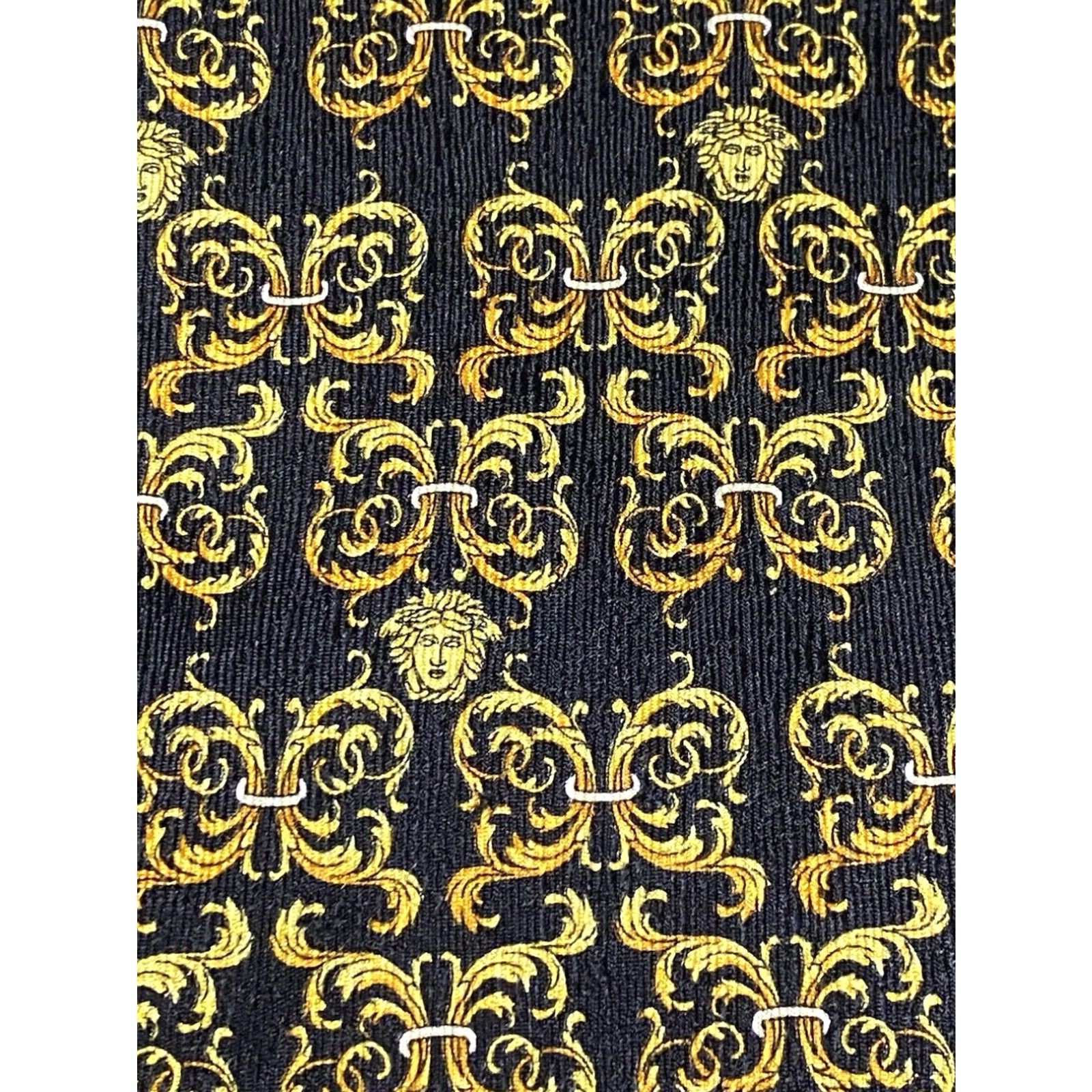 image of Gianni Versace Silk Tie Greek Key Stripes Medusa Print Gold 60”X3.5” Hr in White, Men's