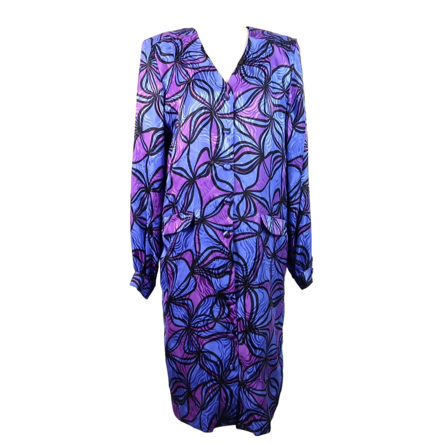 Adrianna Papell VINTAGE Adrianna Papell Silk Midi Dress 80s Blue Purple Floral Swirl Print 10 Womens Size L / US 10 / IT 46 - 2 Thumbnail