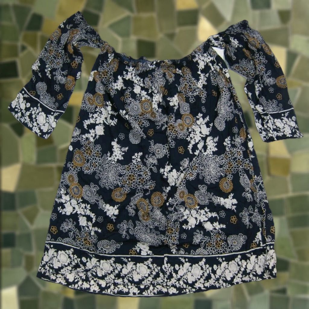 Vintage Angie Blouse Shirt Women Medium Blue Floral Off Shoulder 3/4 Sleeve 100% Rayon Tunic Casual Size M / US 6-8 / IT 42-44 - 1 Thumbnail