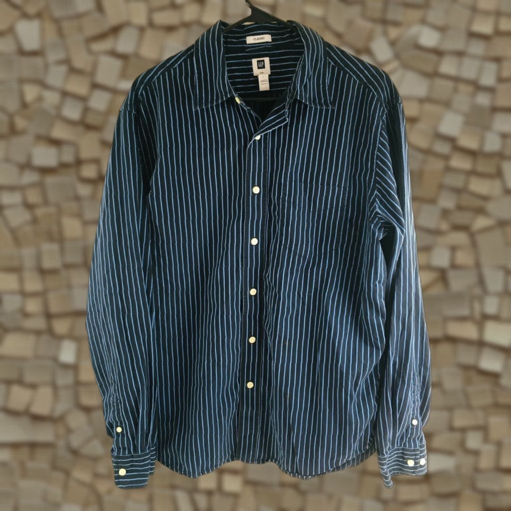 Gap Gap Shirt Men Large Black Blue Striped Long Sleeve Button-Up Classic Fit Size US L / EU 52-54 / 3 - 1 Thumbnail