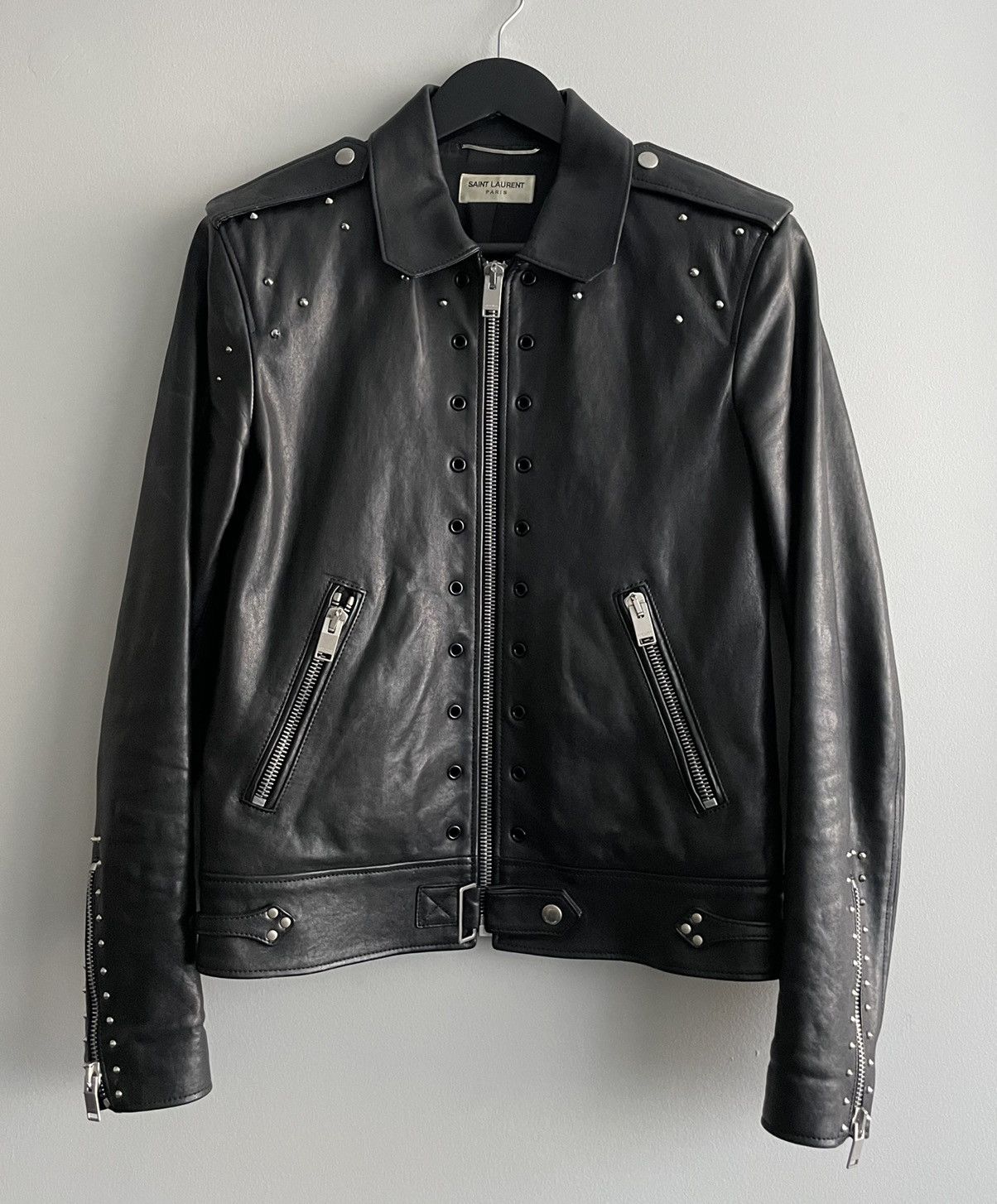 image of Hedi Slimane x Saint Laurent Paris Ss14 Leather Studded Jacket in Black, Men's (Size Small)