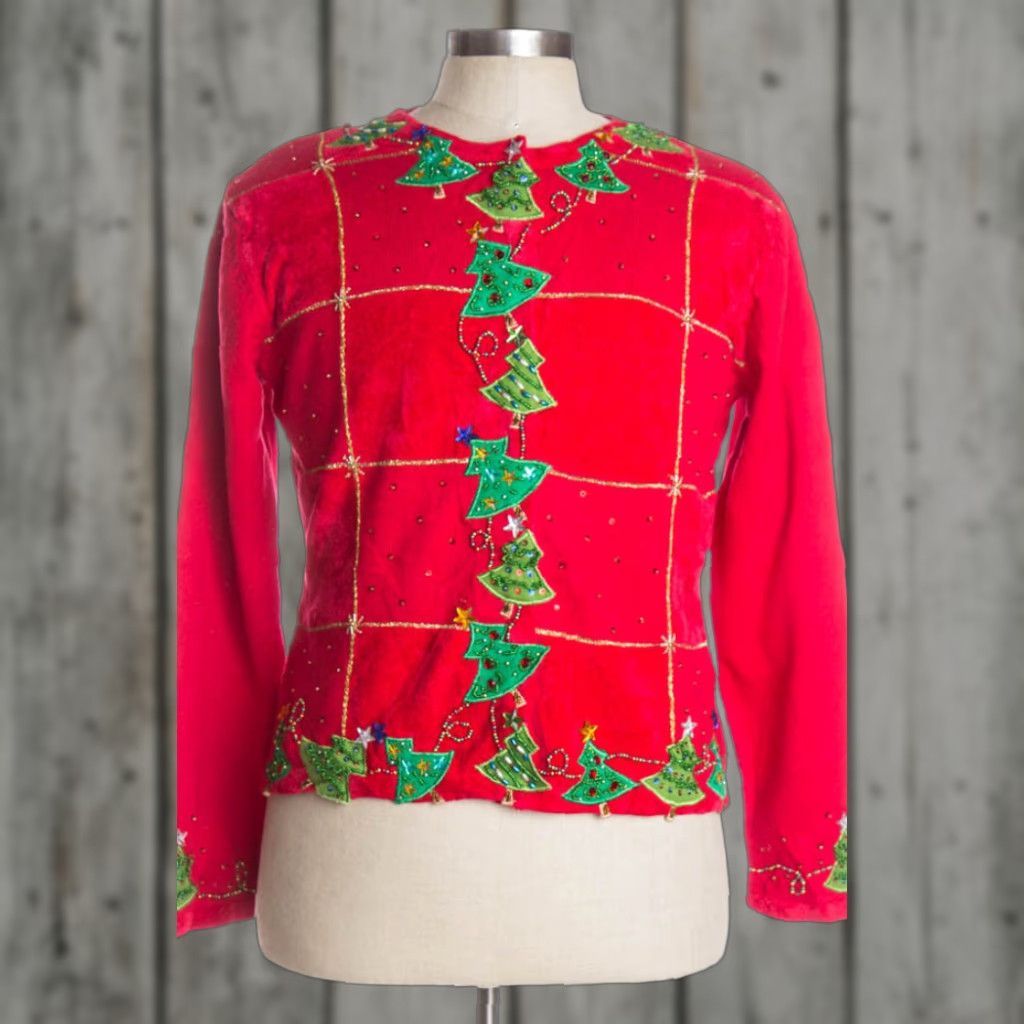 Vintage VINTAGE Red Ugly Christmas Cardigan 38253 Jack B. Quick Cardigan M Red Christmas Trees Mens Womens XL 42” Bust 22” Length Ramie Cotton Holiday Knits Size M / US 6-8 / IT 42-44 - 1 Preview