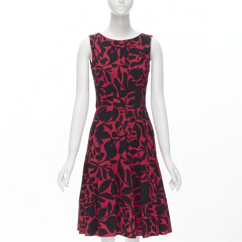 OSCAR DE LA RENTA red black floral print panelled fit flared dress XS