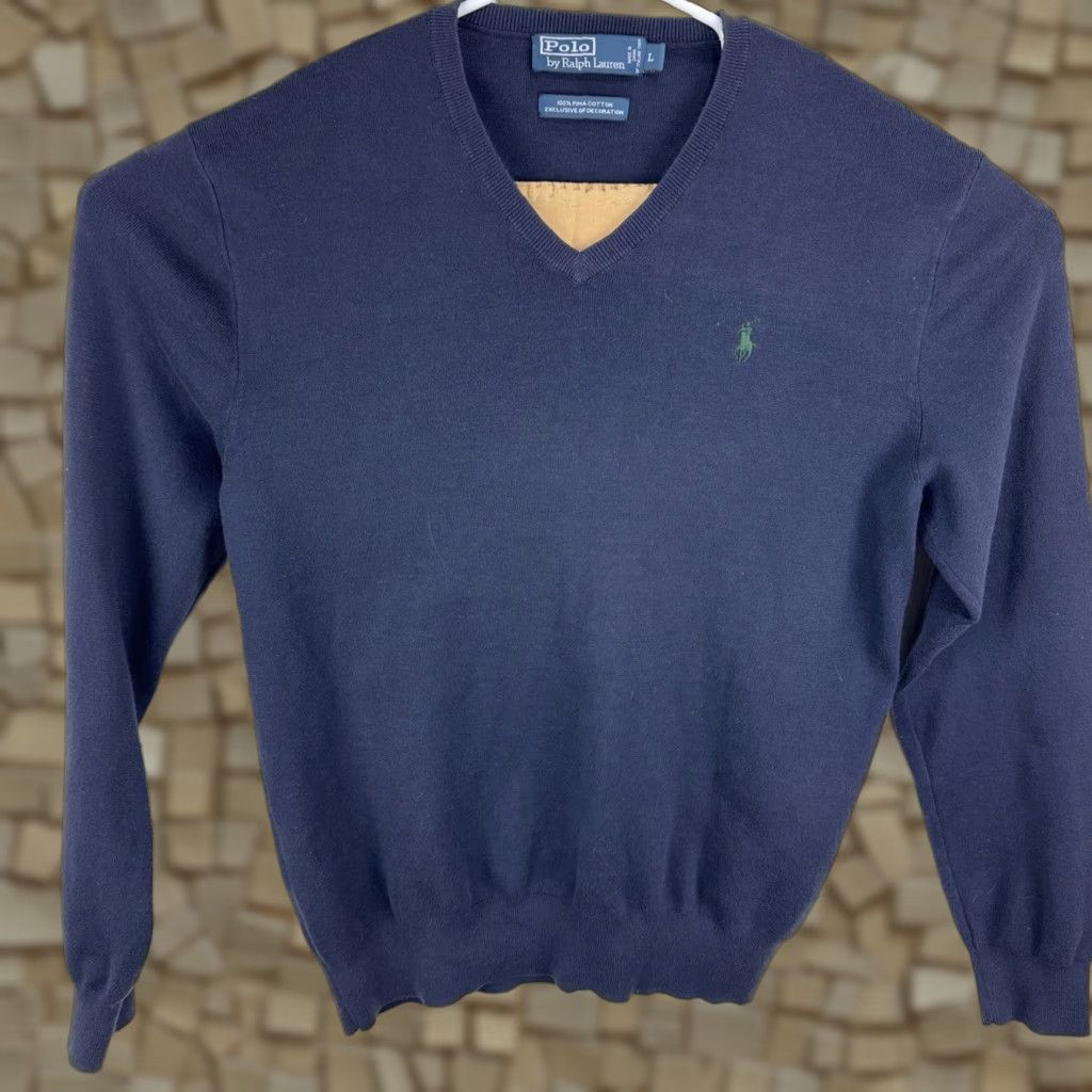 Ralph Lauren Polo Ralph Lauren Sweater Pullover V-Neck Navy Blue Men’s L Knit Cotton Logo Embroidered Classic Designer Preppy Size US L / EU 52-54 / 3 - 1 Thumbnail