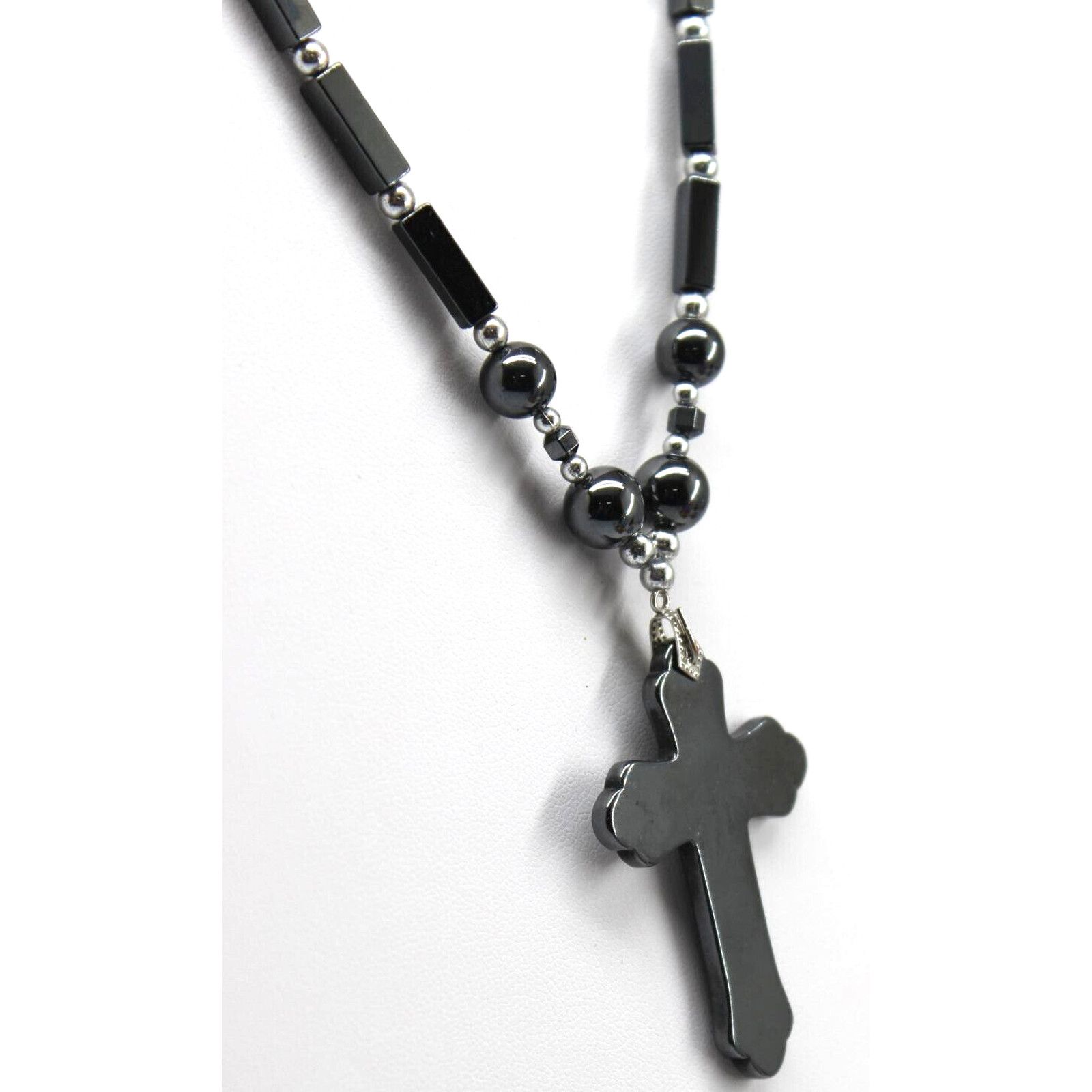 Other Hematite Christian Cross Pendant Long Round Silvertone Beads Size ONE SIZE - 1 Thumbnail