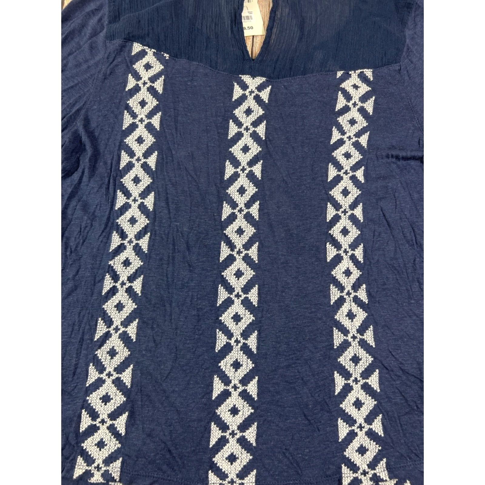 Lucky Brand NWT Lucky Brand Embroidered Geometric 3/4 Sleeve Blouse Blue Shirt M Women Size M / US 6-8 / IT 42-44 - 6 Thumbnail