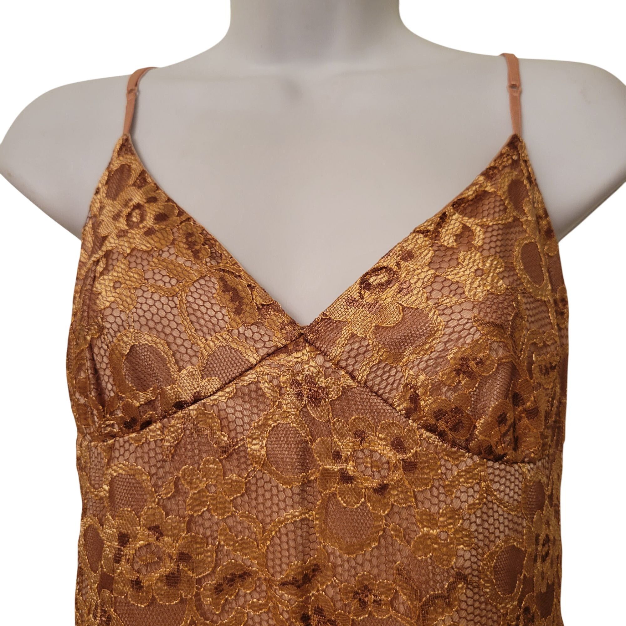 Vintage Devan 4 Gold Floral Lace Sleeveless Midi Slip Dress Made In Size S / US 4 / IT 40 - 2 Thumbnail