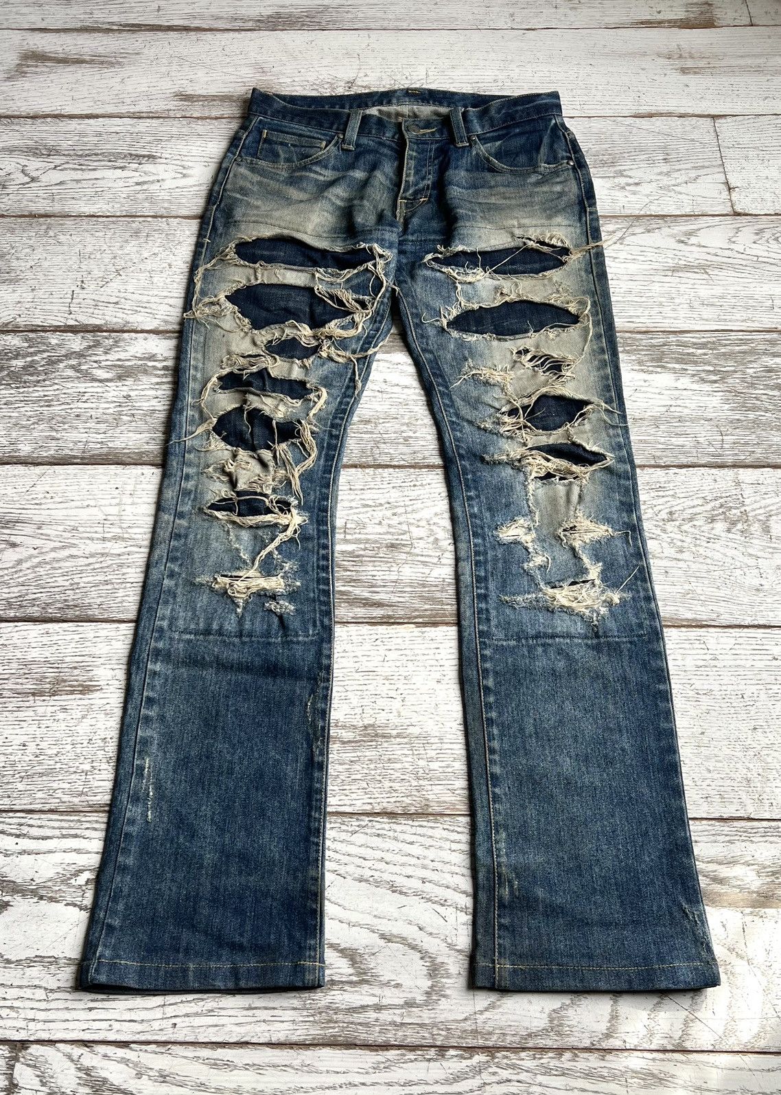 image of Tornado Mart Distressed Japanese Denim Bootcut Jeans in Blue, Men's (Size 31)