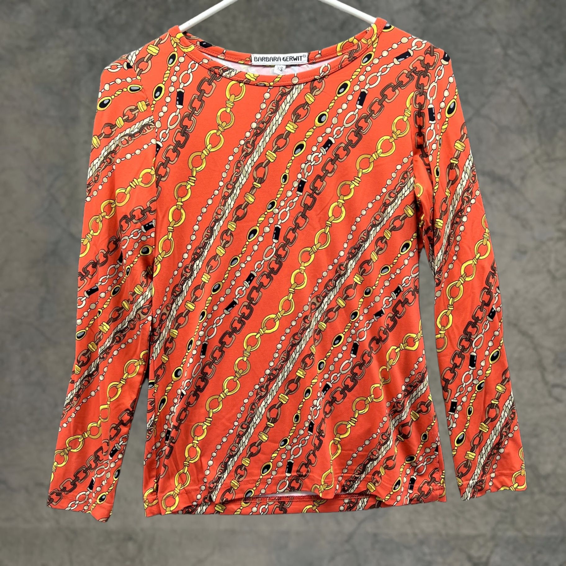 Vintage Barbara Gerwit Blouse Womens XS Orange Chain Print Long Sleeve Stretch Top Size XS / US 0-2 / IT 36-38 - 1 Thumbnail