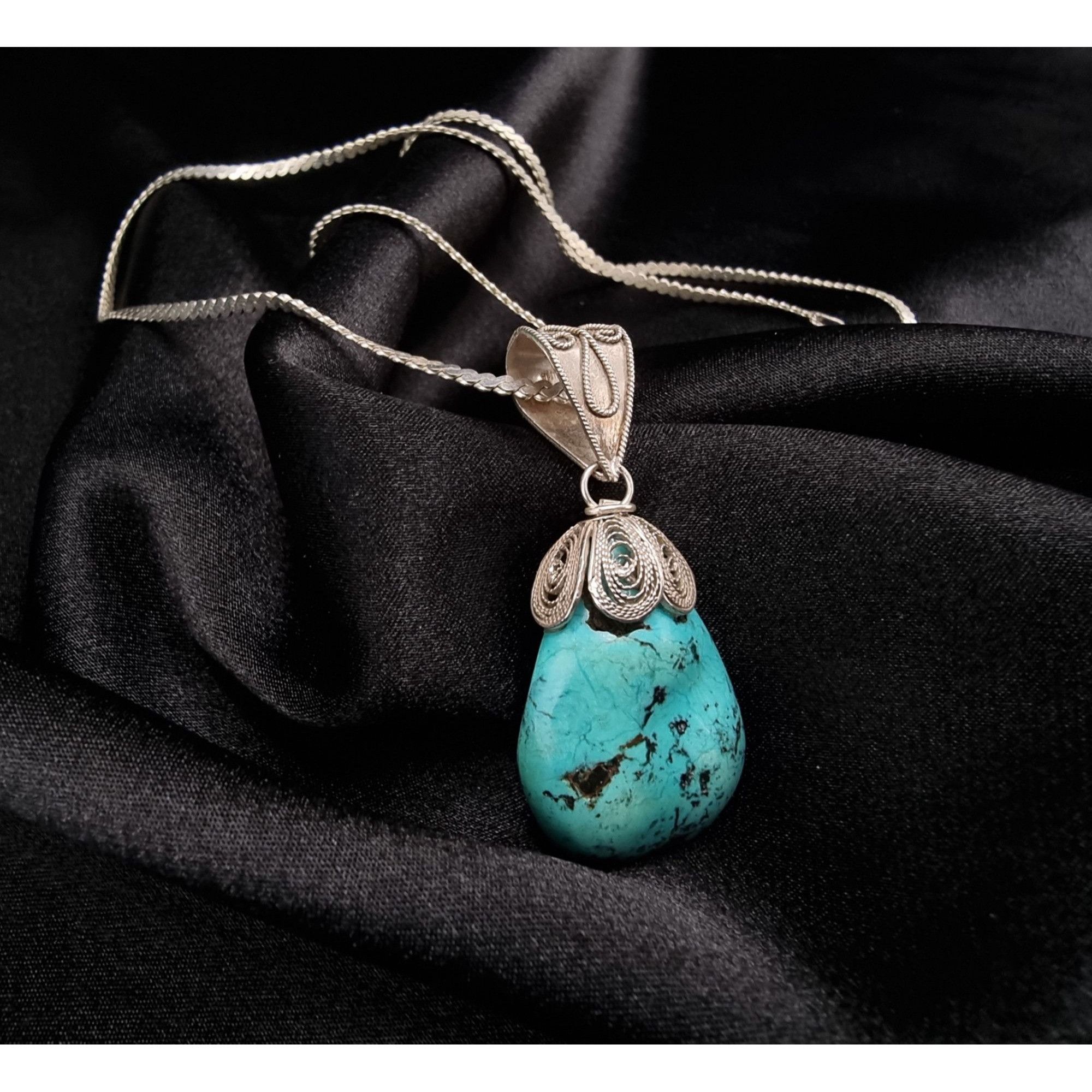 Vintage Genuine Turquoise Pendant Necklace China Signed 925 Sterling Size ONE SIZE - 1 Thumbnail