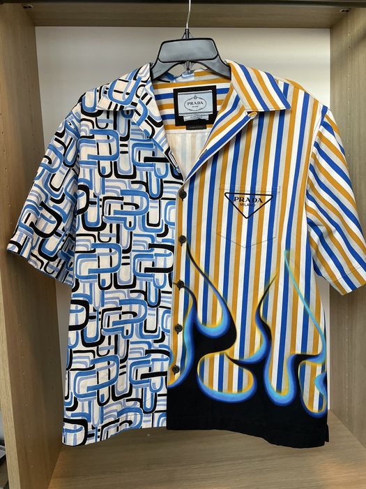 Prada Double Match White / Blue Flames Silk Bowling Shirt