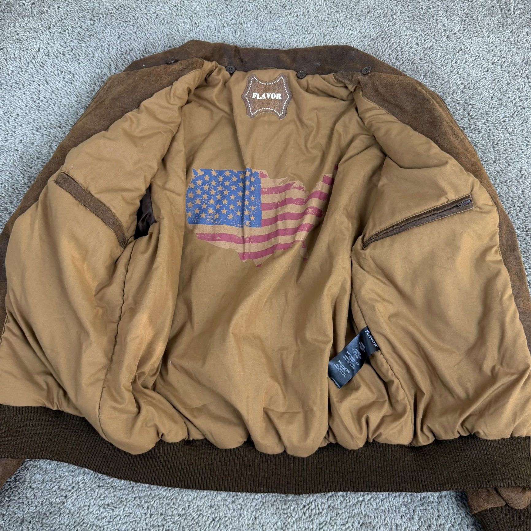 Vintage FLAVOR Jacket Mens Medium Brown Leather Bomber USA Flag Lined Full Zip Ribbed Size US M / EU 48-50 / 2 - 7 Thumbnail