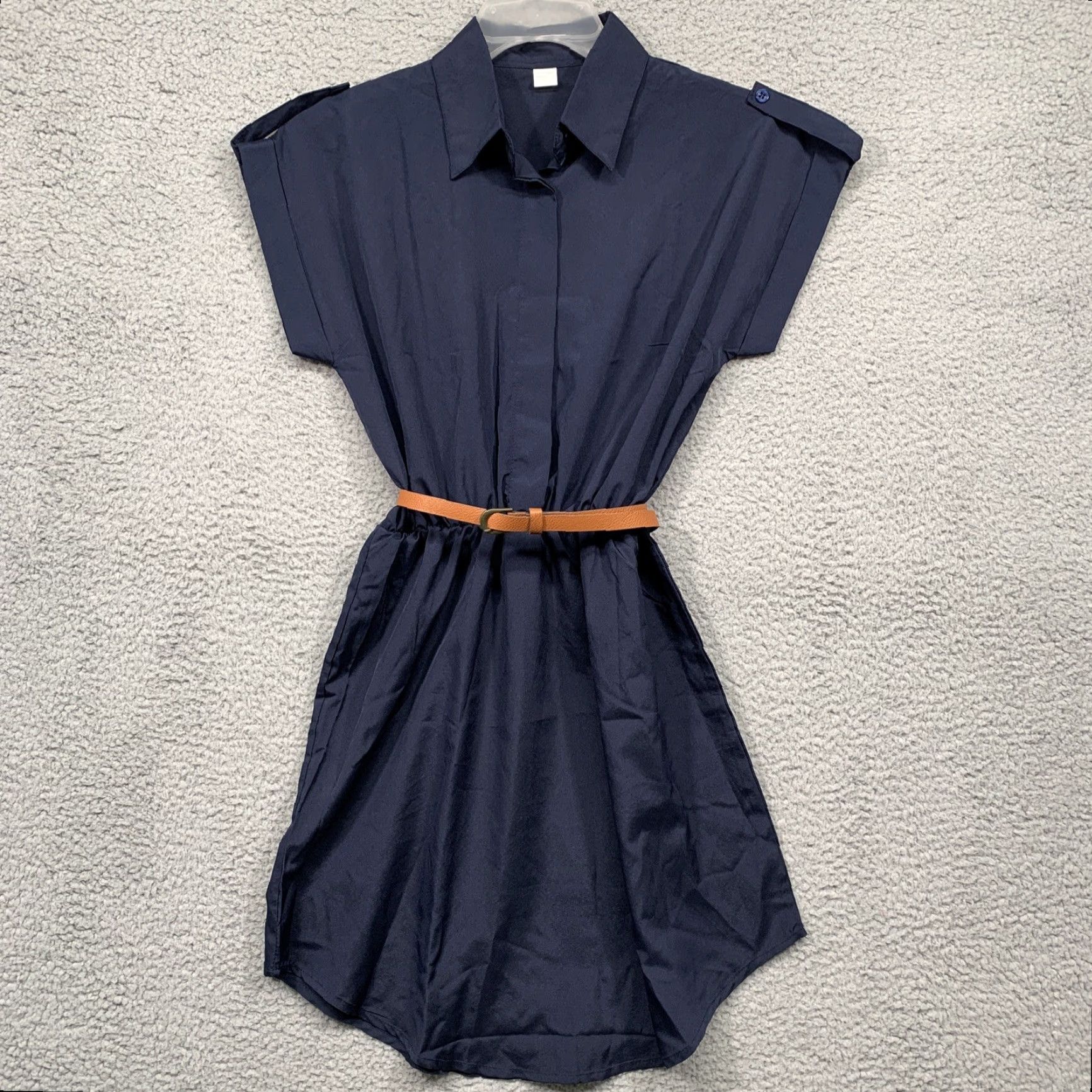 Vintage Women’s Blue Short Dress L Belts Collared Button Short Sleeve NWOT Regular Size 28" / US 6 / IT 42 - 2 Thumbnail