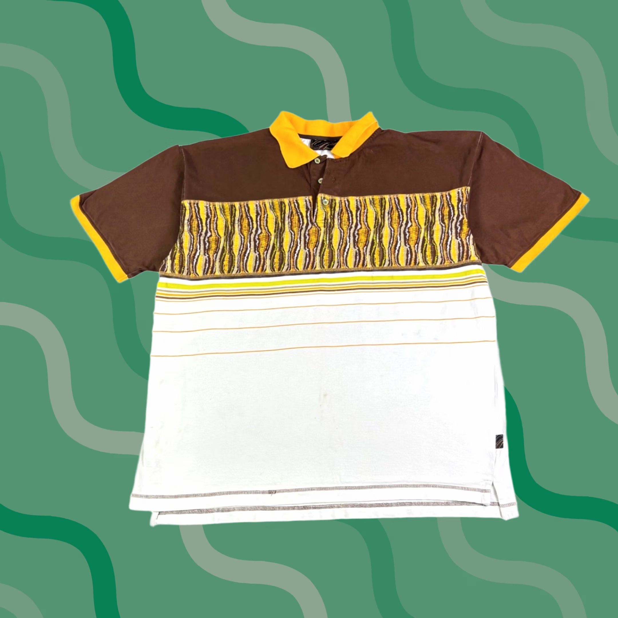 Vintage Godbody Denimtechnology Polo Shirt XL Brown Yellow Geometric Striped Cotton Mens Size US XL / EU 56 / 4 - 1 Thumbnail