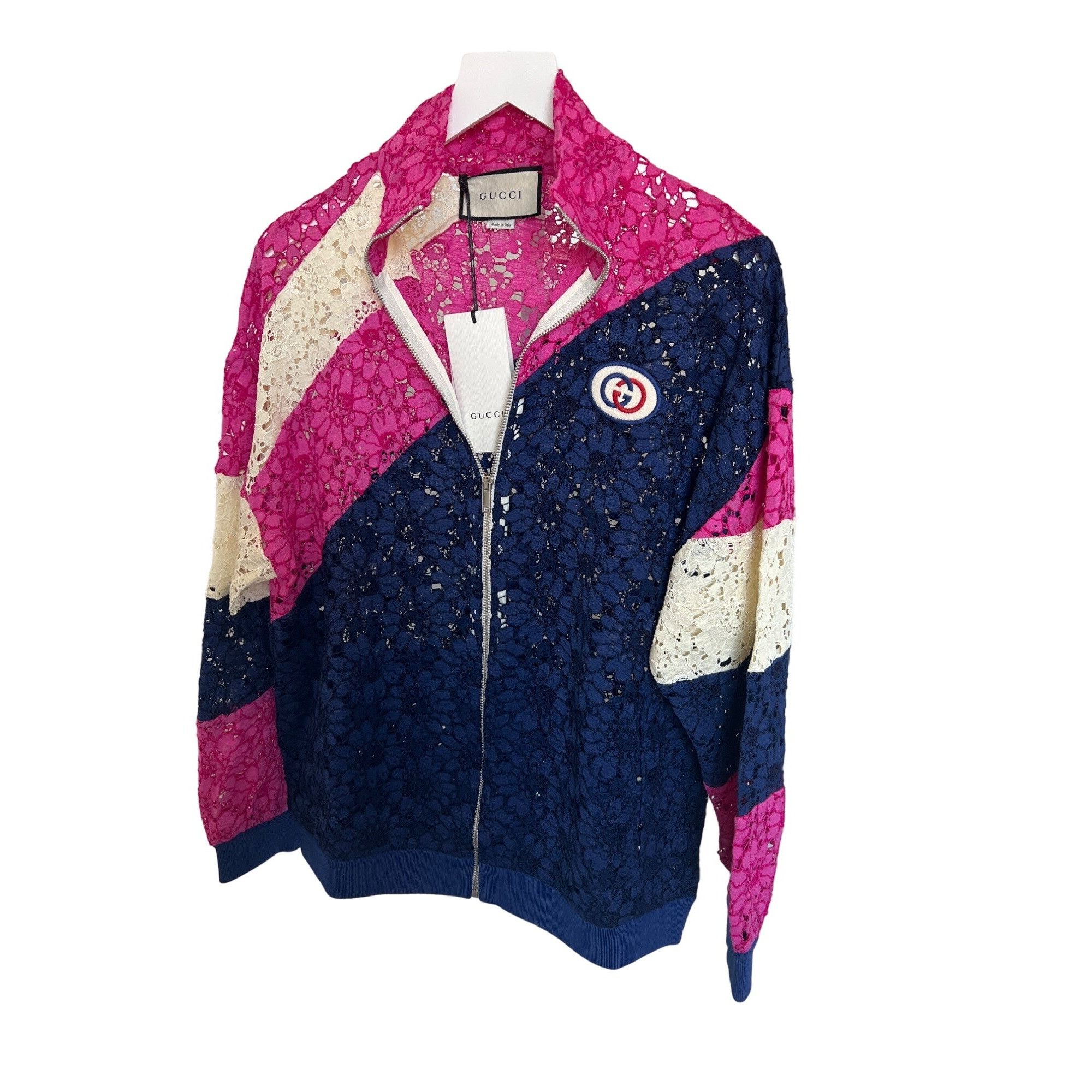 Gucci Gucci Lace Bomber Jacket Pink Navy Cream Zip-Up Logo Patch Size S / US 4 / IT 40 - 5 Thumbnail