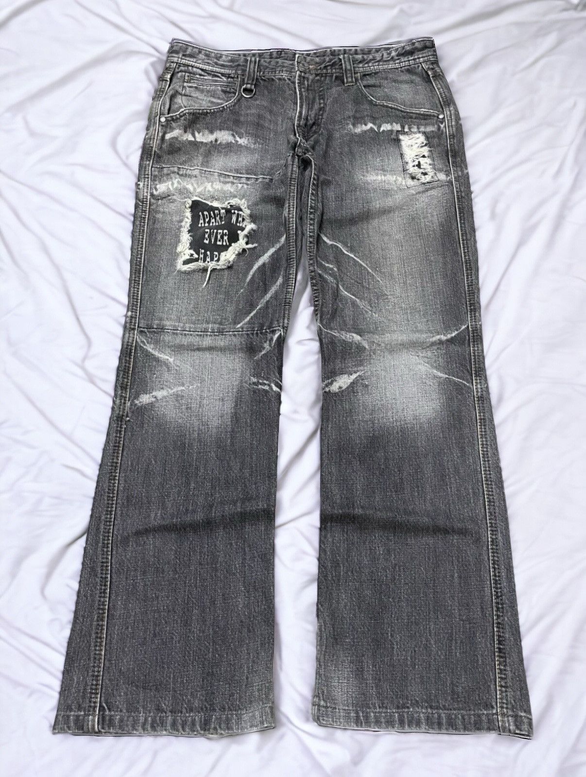 Hideaways Nicole Distressed Poems Patched Flared Jeans