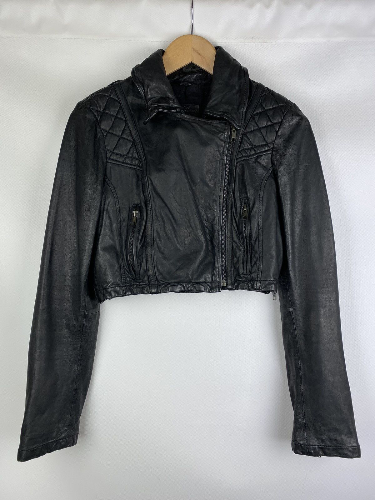 image of Allsaints Ladies Cropped Leather Ceres Jacket Size Uk 12 in Black, Women's