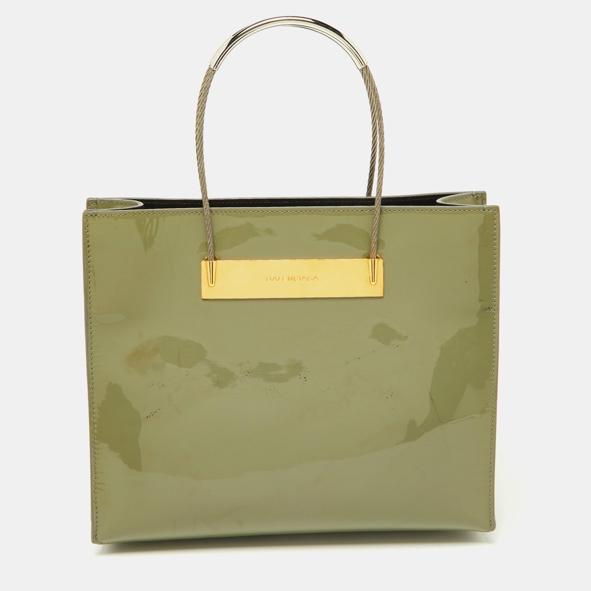 image of Balenciaga Grey Patent Leather Small Cable Shopper Tote, Women's