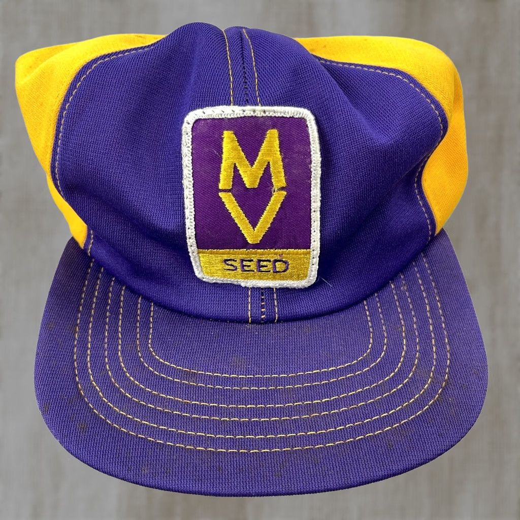 Vintage VINTAGE MV Seeds Trucker Hat Cap Made USA 80s Farm Purple Yellow Patch Snapback Cap Men One Size Purple 80s Vintage Trucker Hat Cap USA MV Seeds WWII? Size ONE SIZE - 1 Thumbnail