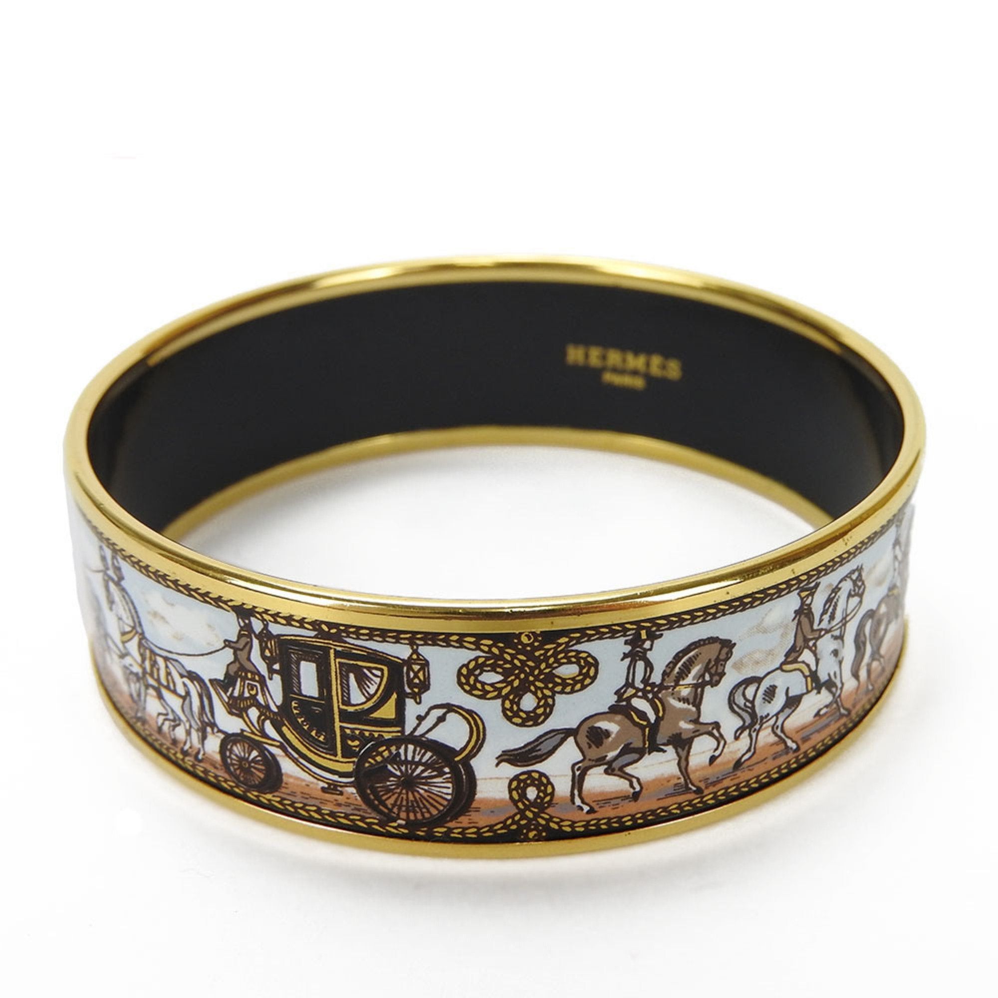 image of Hermes Bangle Bracelet Enamel Accessory Carriage Horse Cloisonne Gold Light Blue Brown Gp Plated La