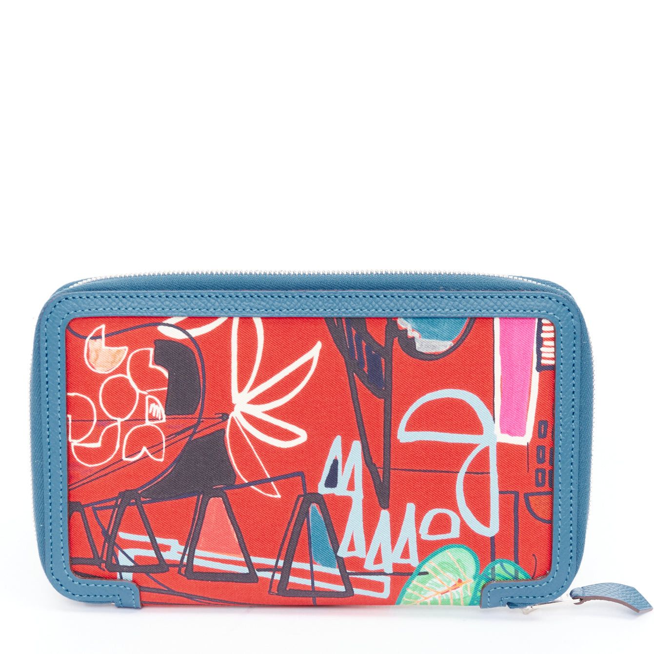 Hermes HERMES Soie Cool Azap red geometric print silk blue leather zip around wallet Size ONE SIZE - 1 Thumbnail