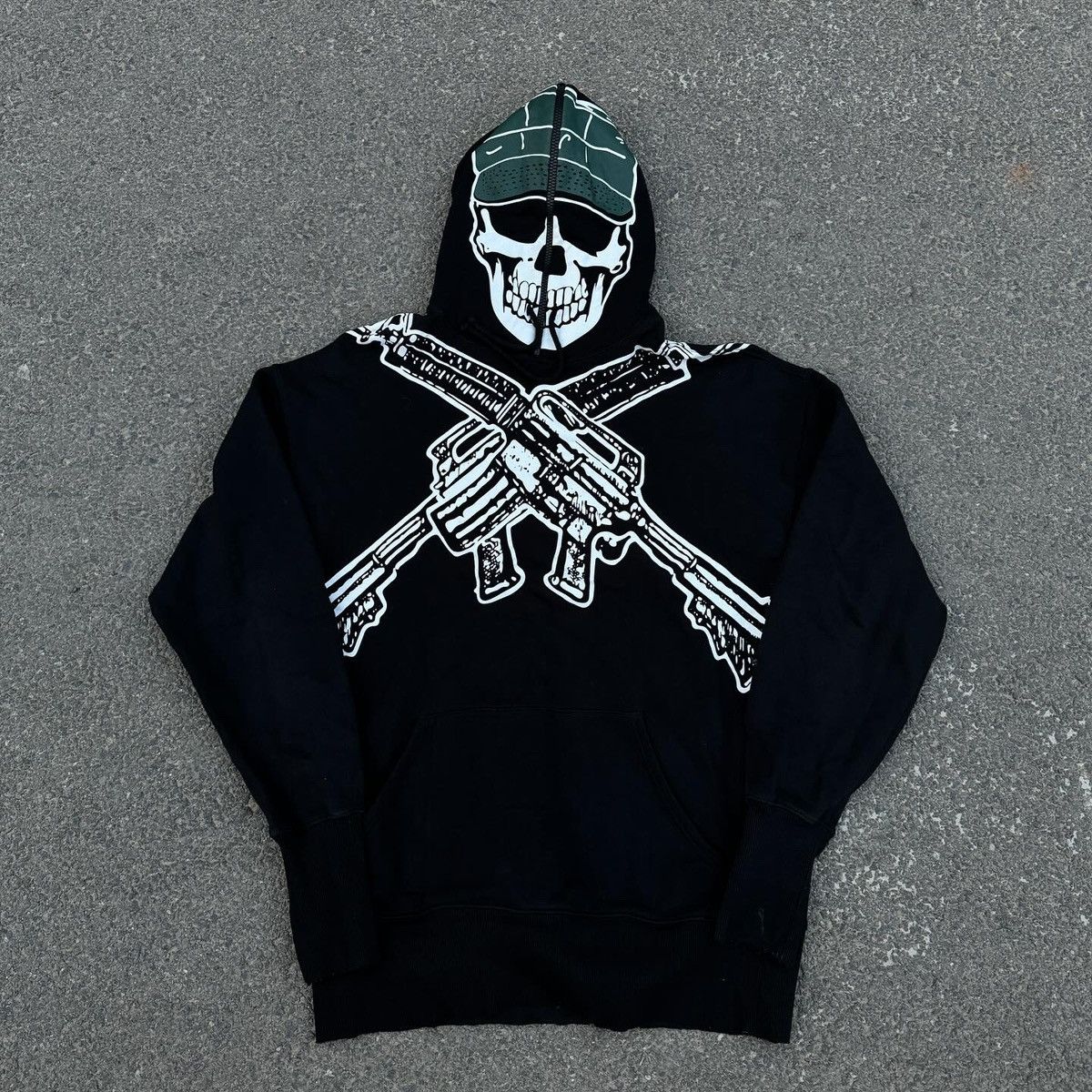 image of Vetements Ss19 Marine Skull Soldier Gimp Hoodie Sz. Xs in Black, Men's